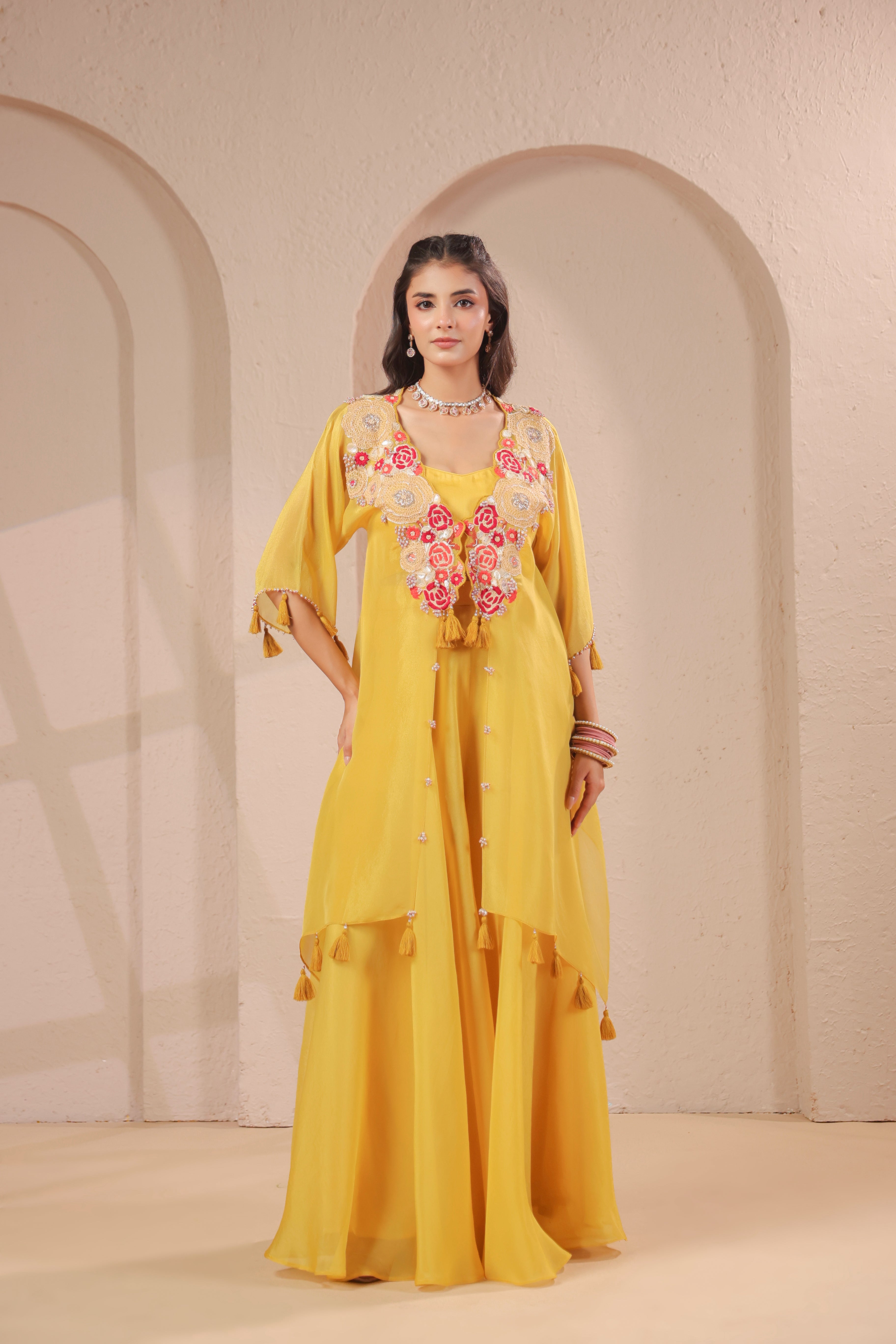 Lime Embellished Shimmer Organza Silk Palazzo Set