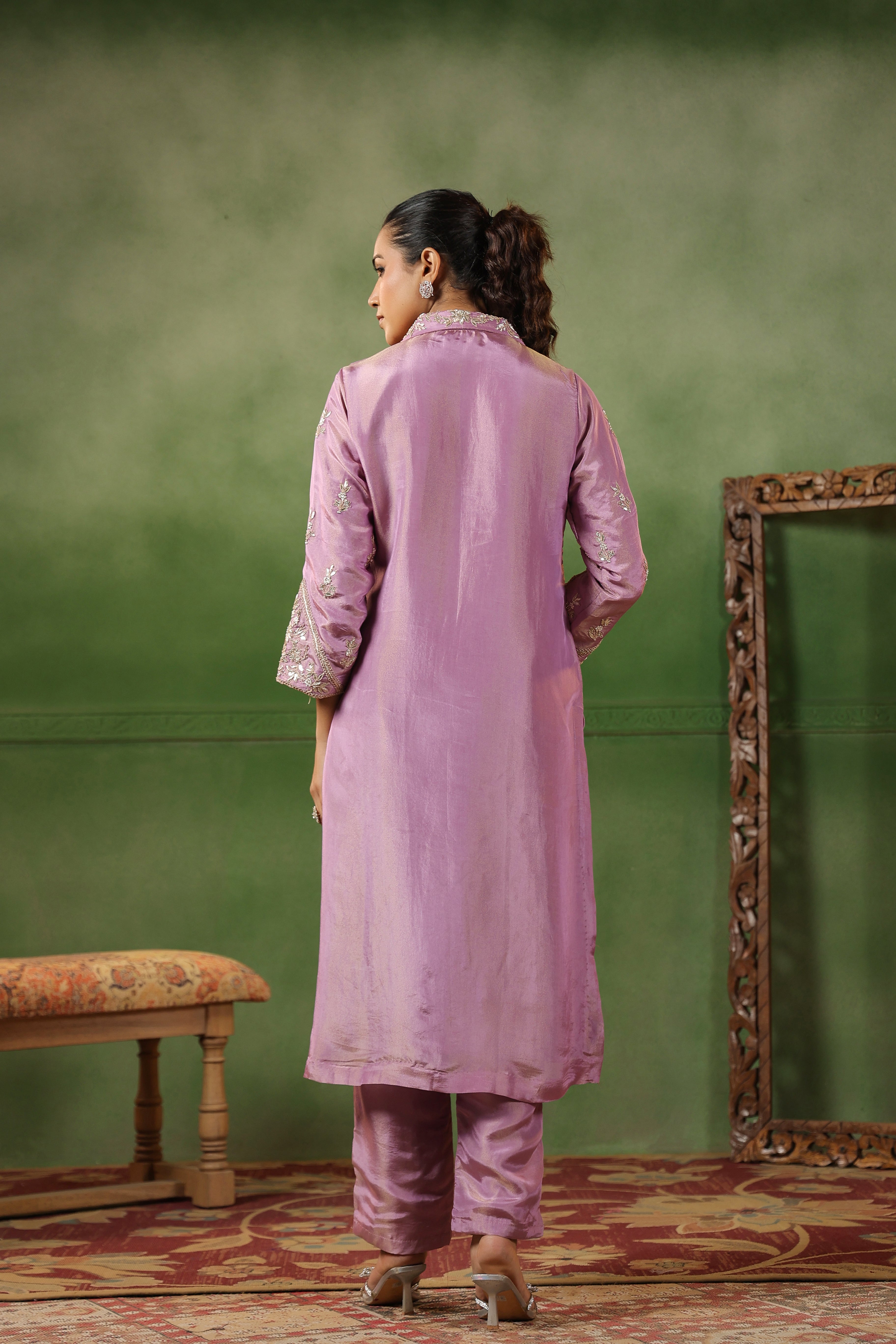 Lilac Pink Embellished Tissue Silk Kurta Set