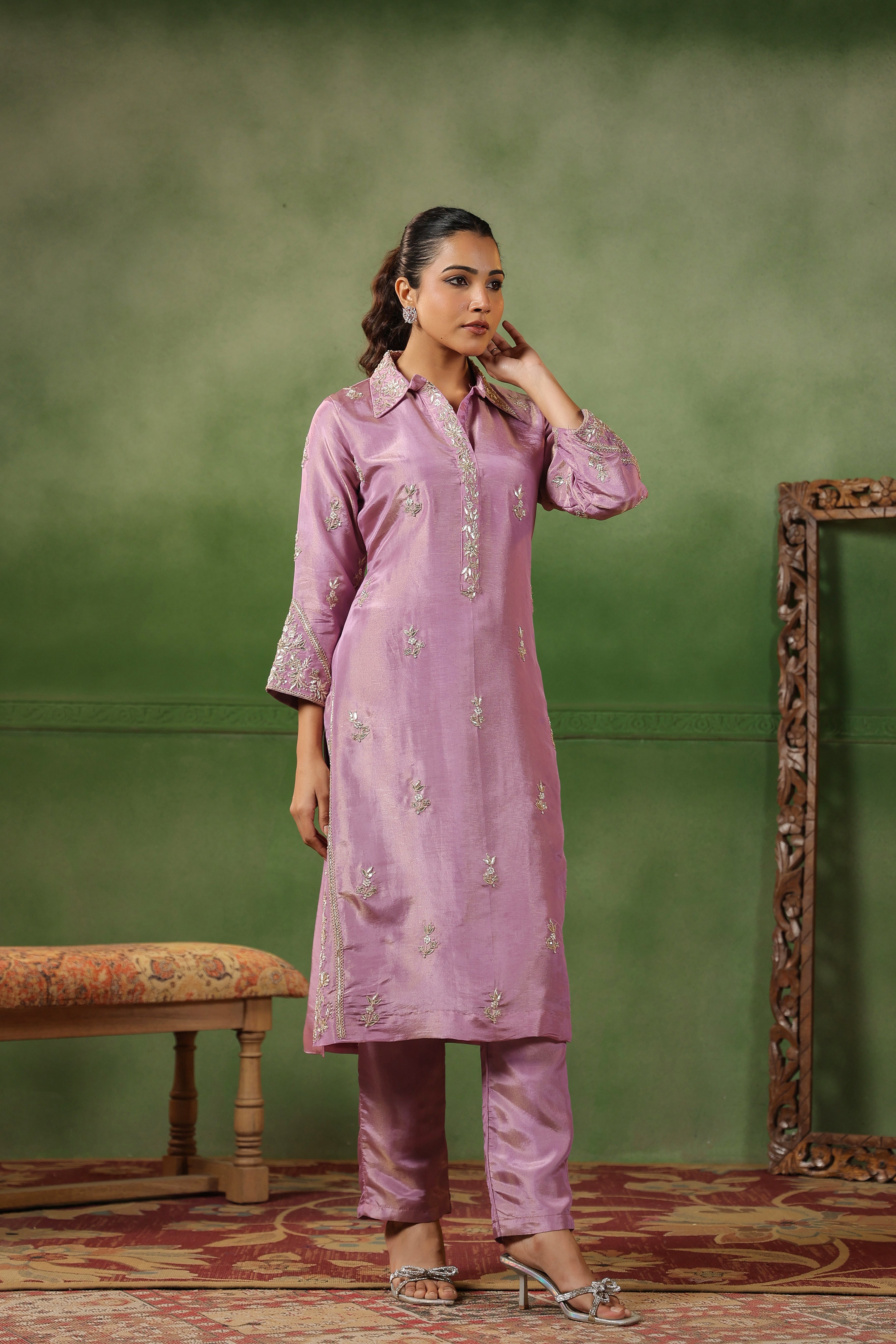 Lilac Pink Embellished Tissue Silk Kurta Set