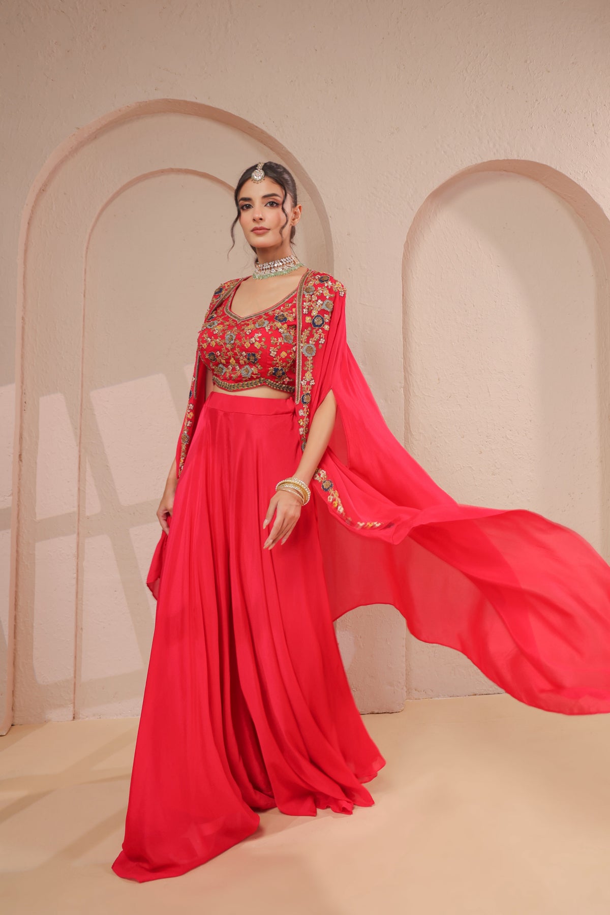 Red Cherry Embellished Chinon Silk Palazzo Set