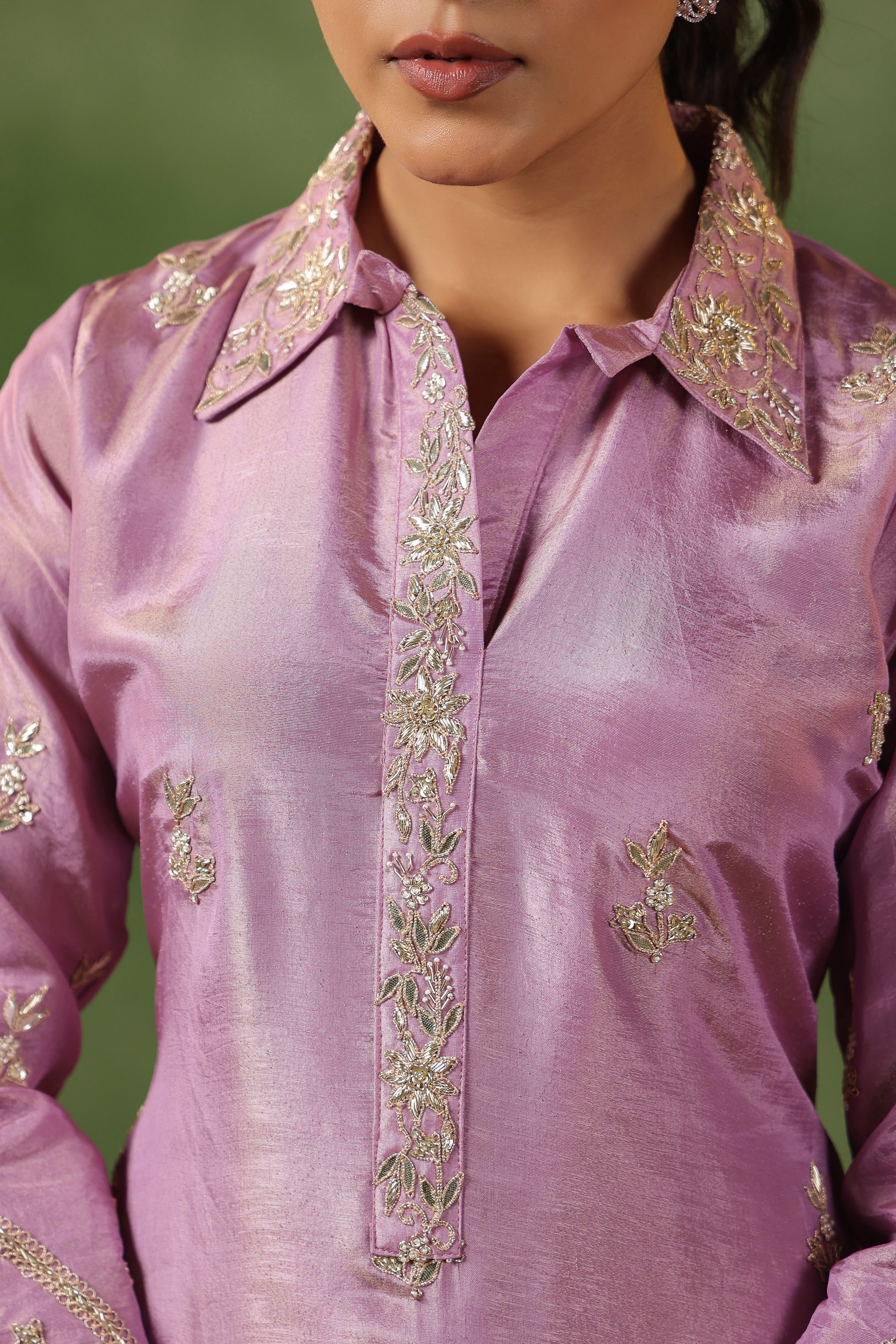 Lilac Pink Embellished Tissue Silk Kurta Set