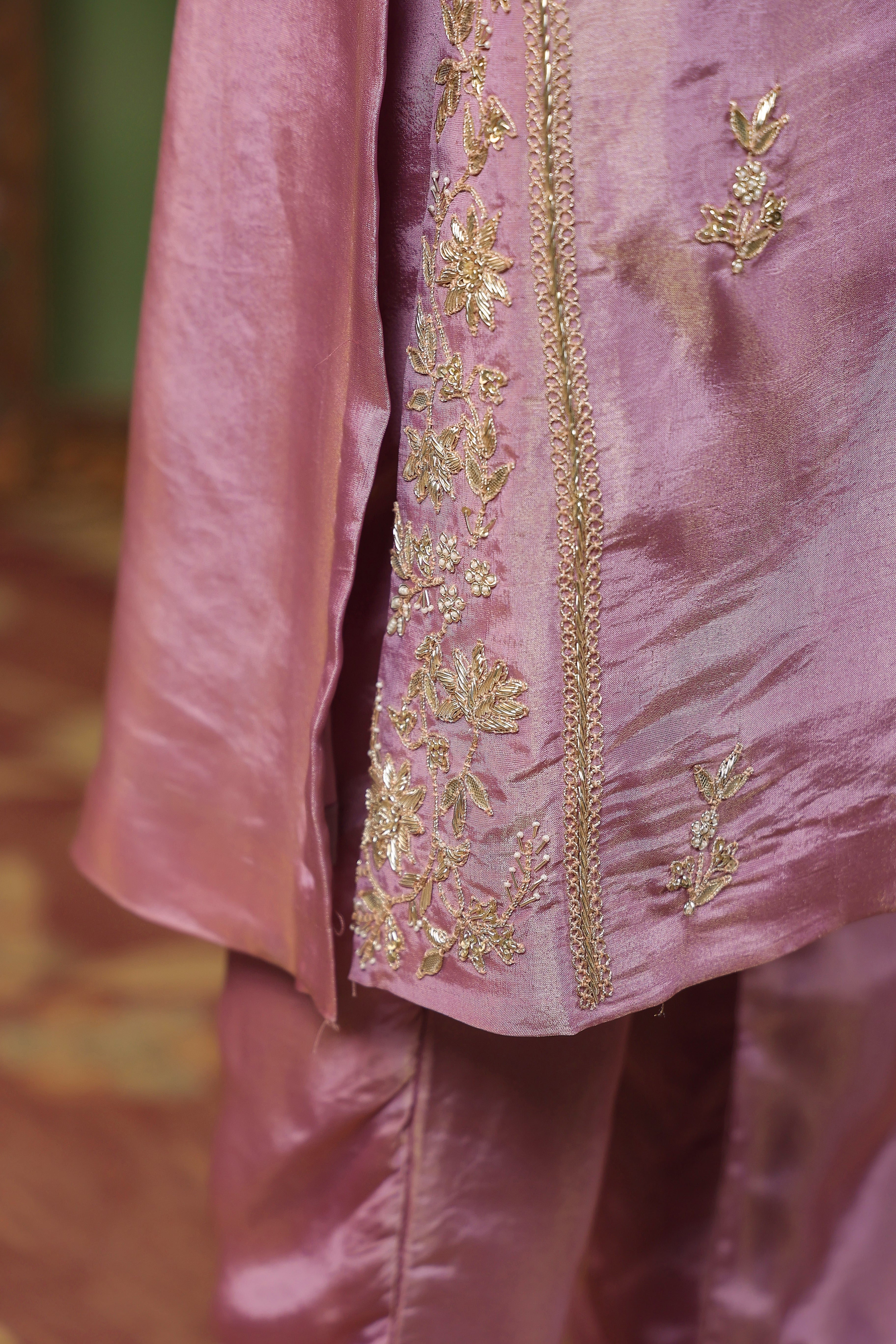 Lilac Pink Embellished Tissue Silk Kurta Set