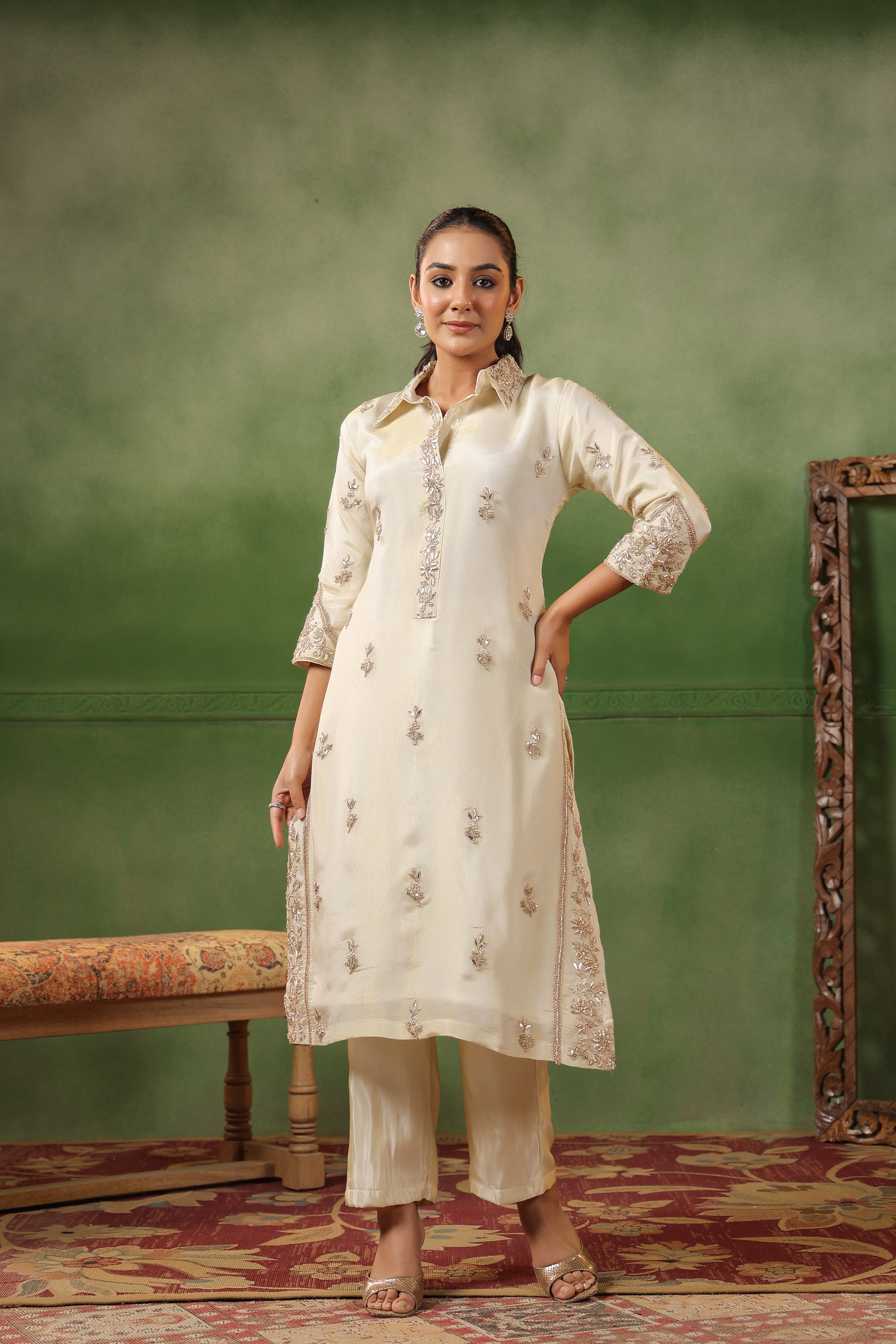 Off-White Embellished Tissue Silk Kurta Set