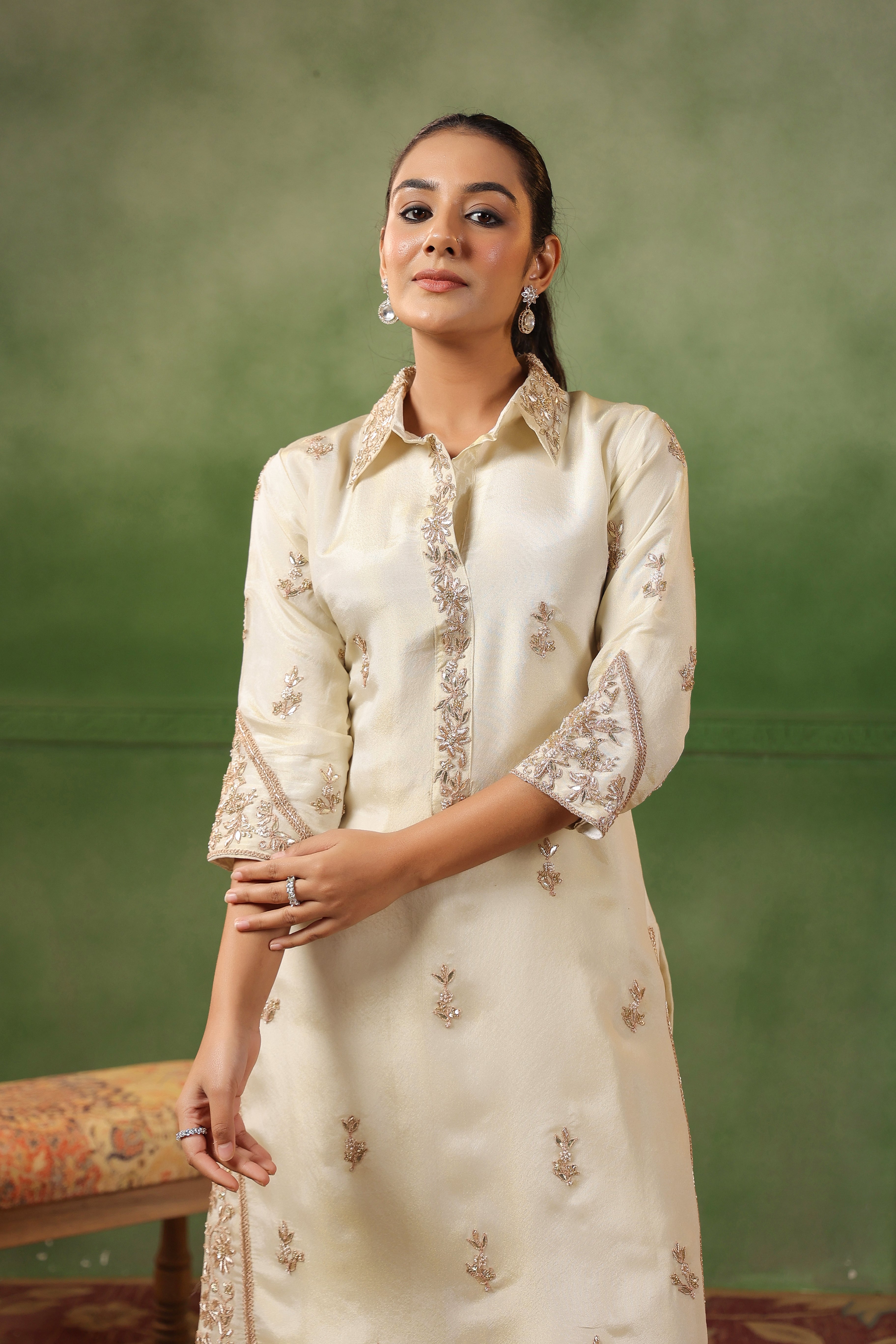 Off-White Embellished Tissue Silk Kurta Set