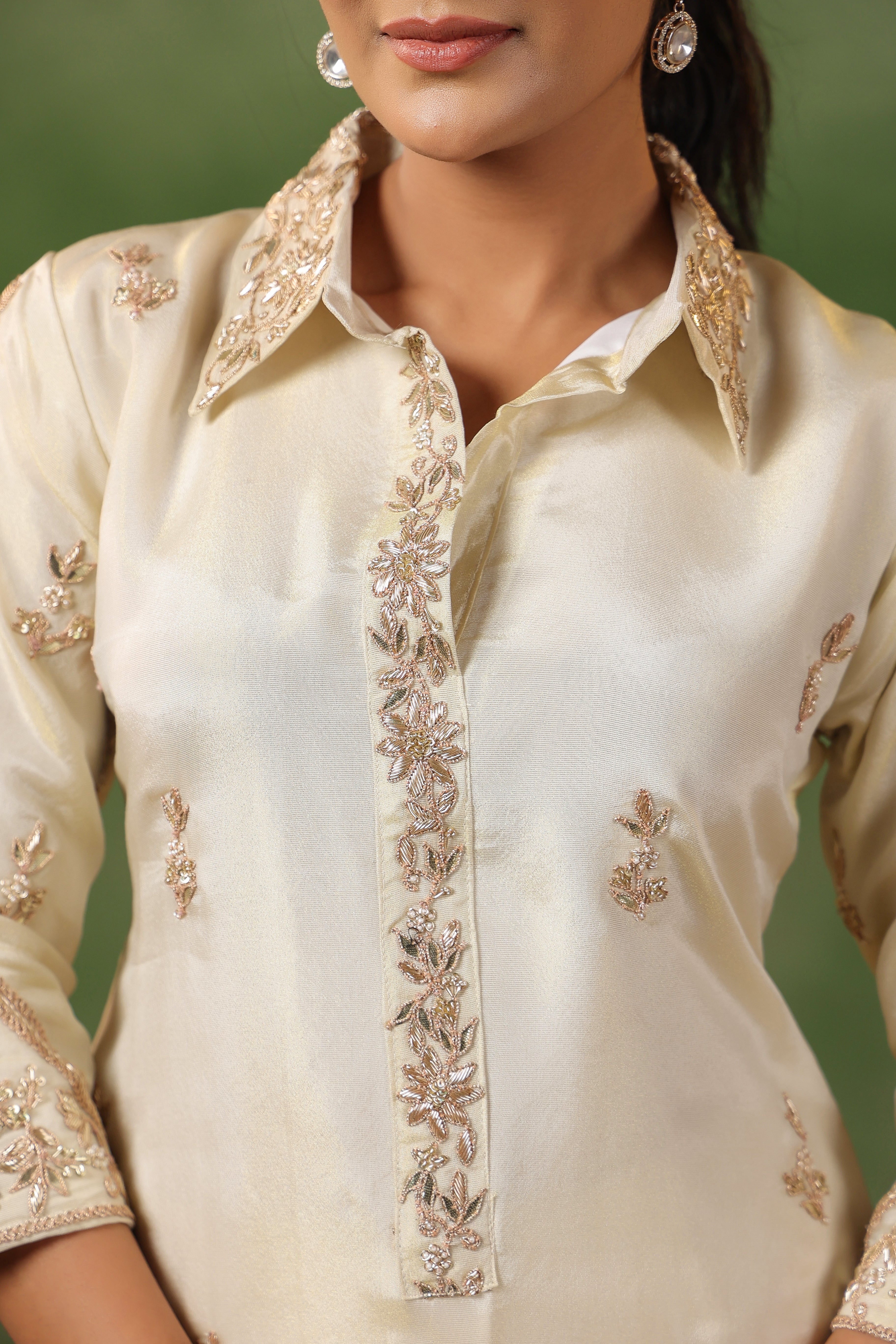 Off-White Embellished Tissue Silk Kurta Set