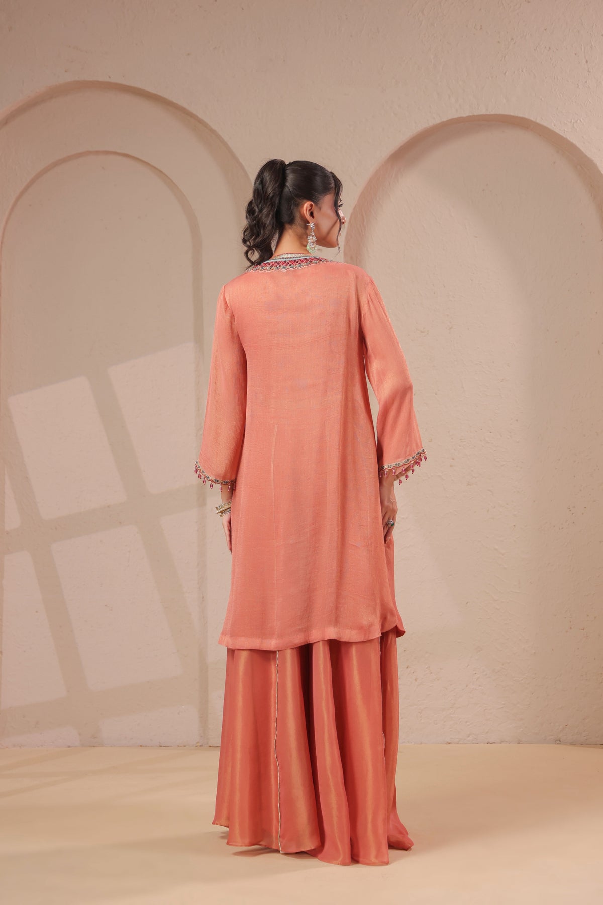 Coral Embellished Shimmer Organza Silk Palazzo Set