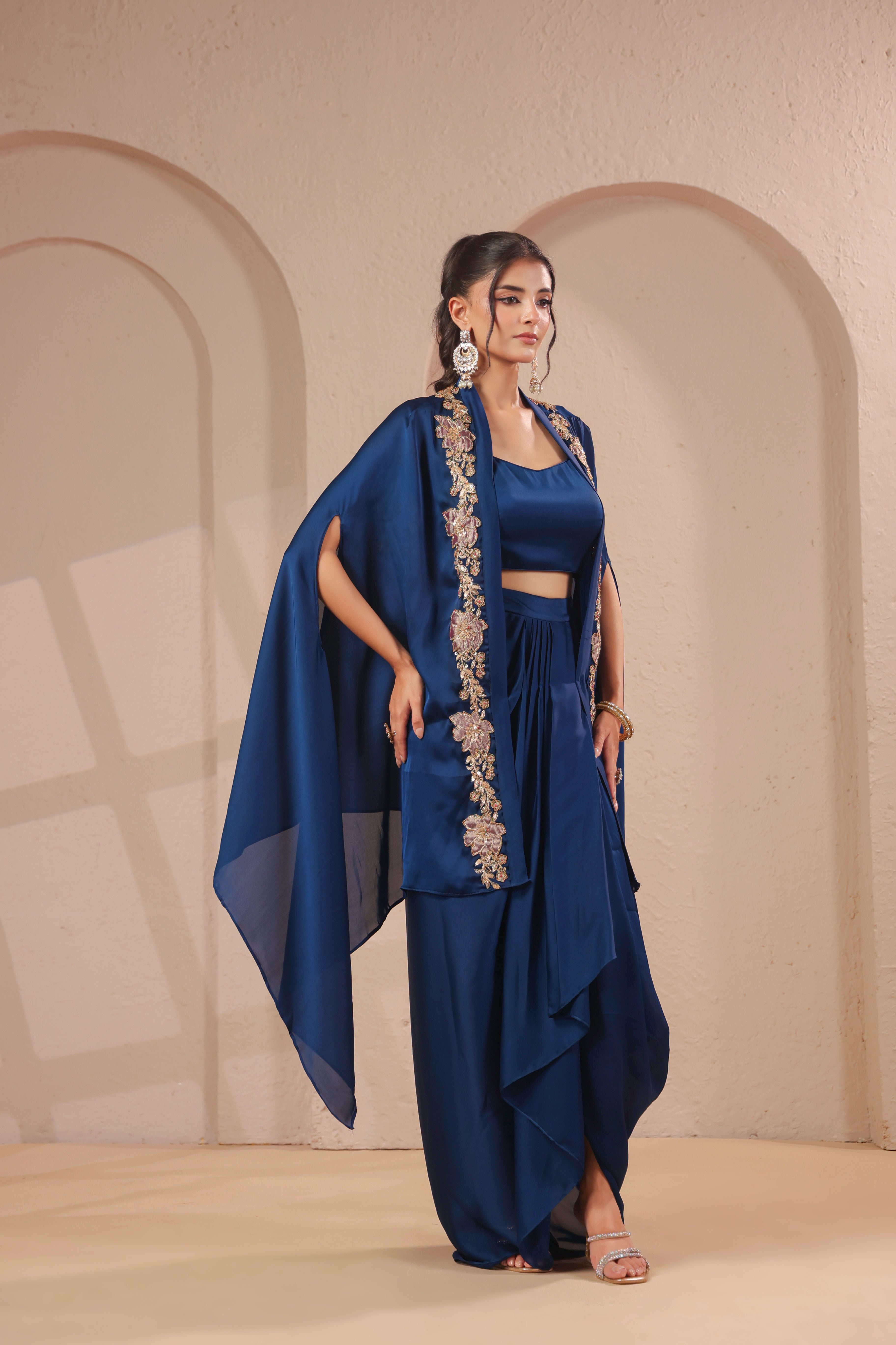 Sapphire Blue Embellished Modal Satin Silk Skirt Set