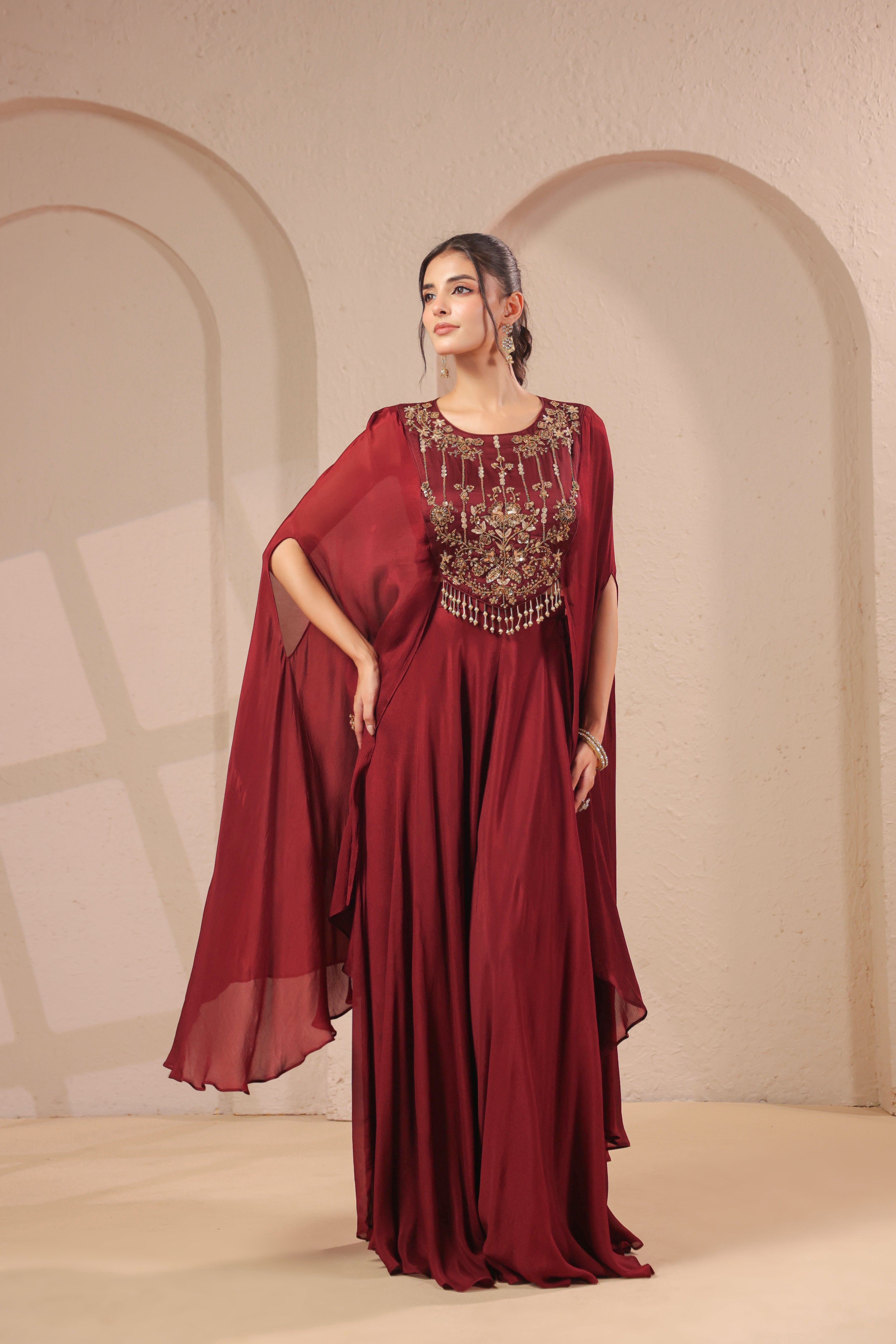 Deep Maroon Embellished Chinon Silk Palazzo Set