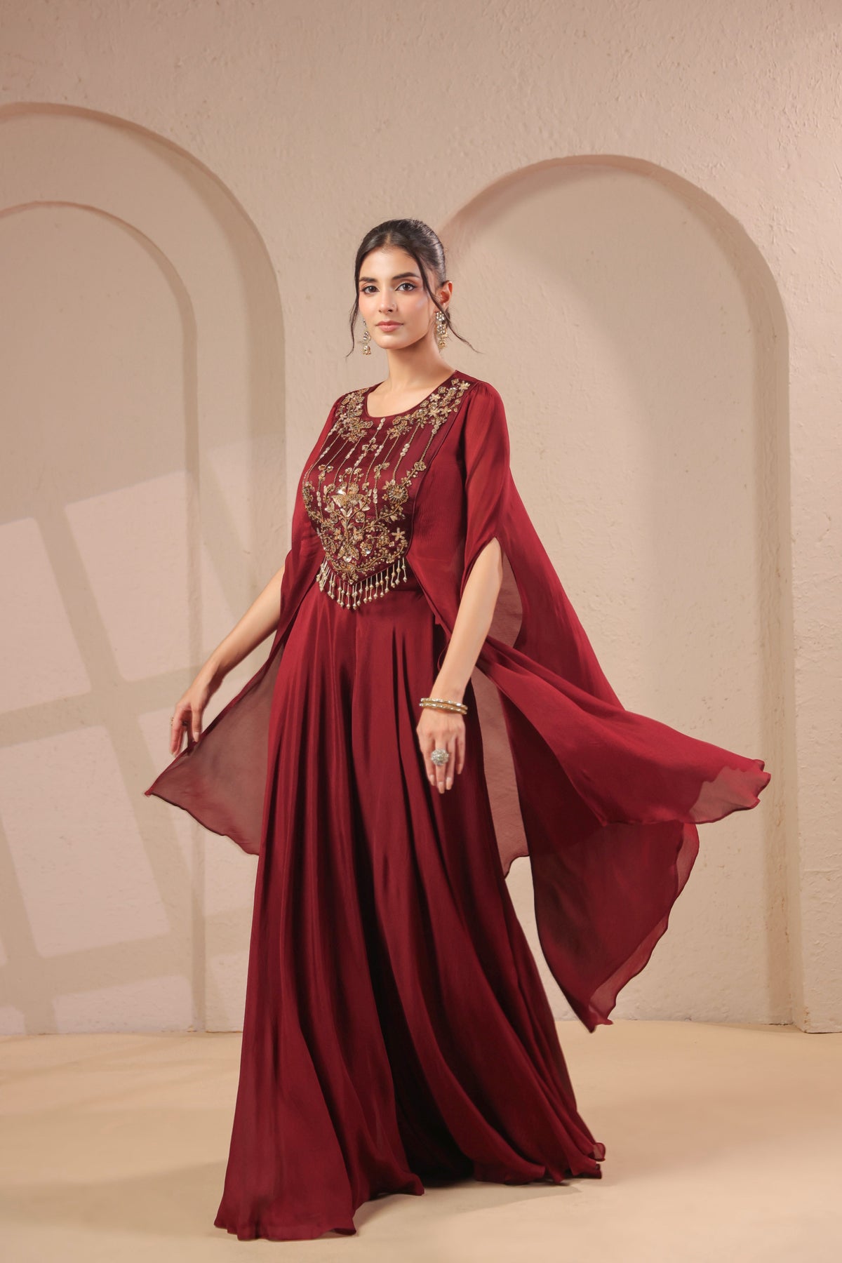 Deep Maroon Embellished Chinon Silk Palazzo Set