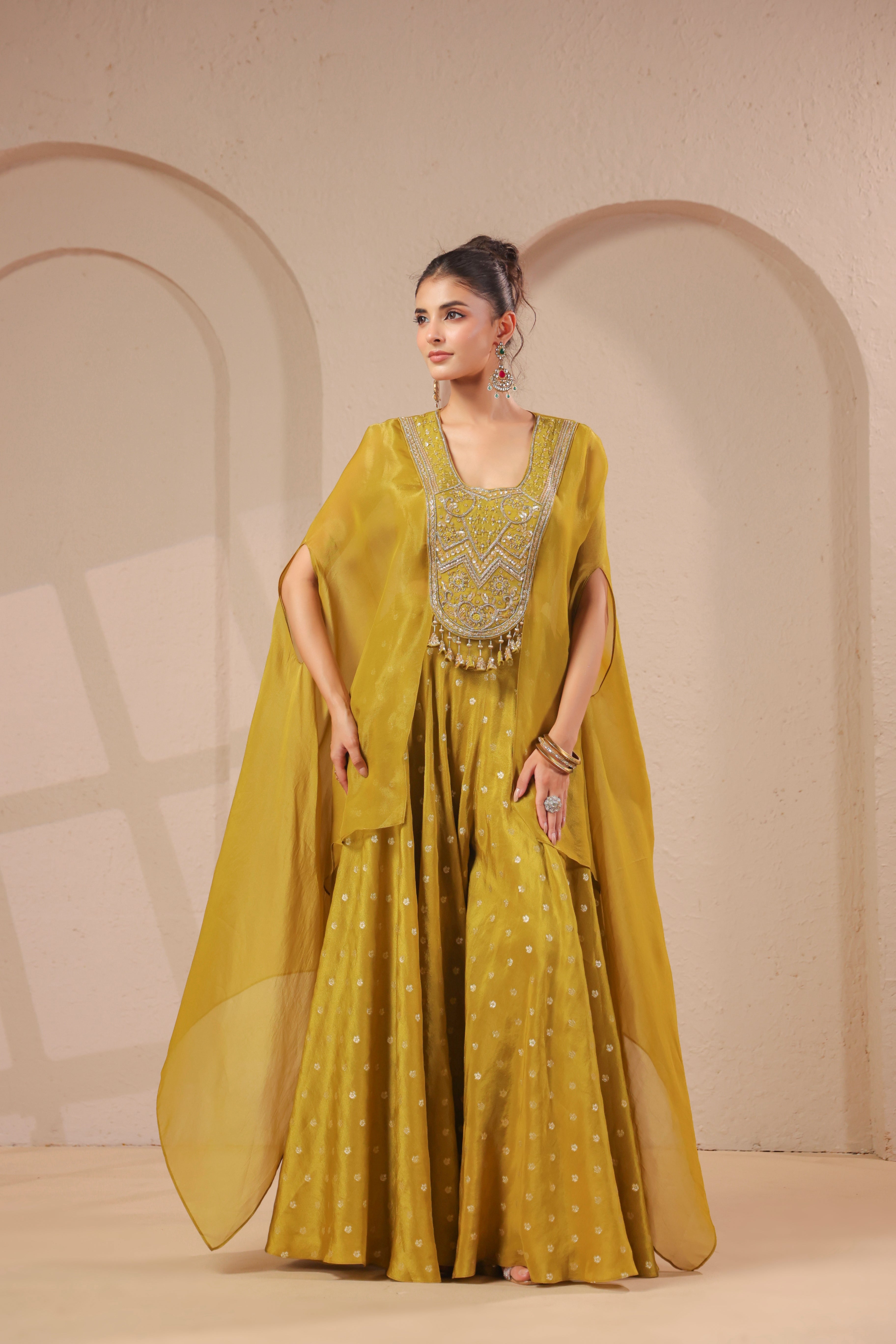 Mustard Olive Embellished Shimmer Organza Palazzo Set