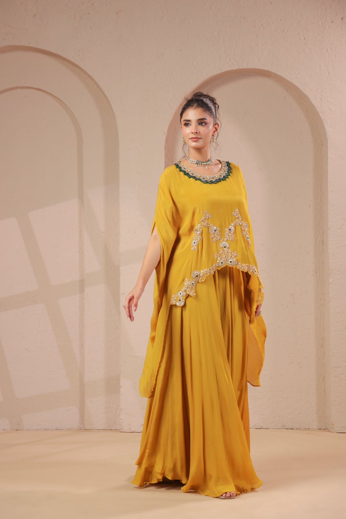 Lime Citrus Embellished Crepe Silk Skirt Set