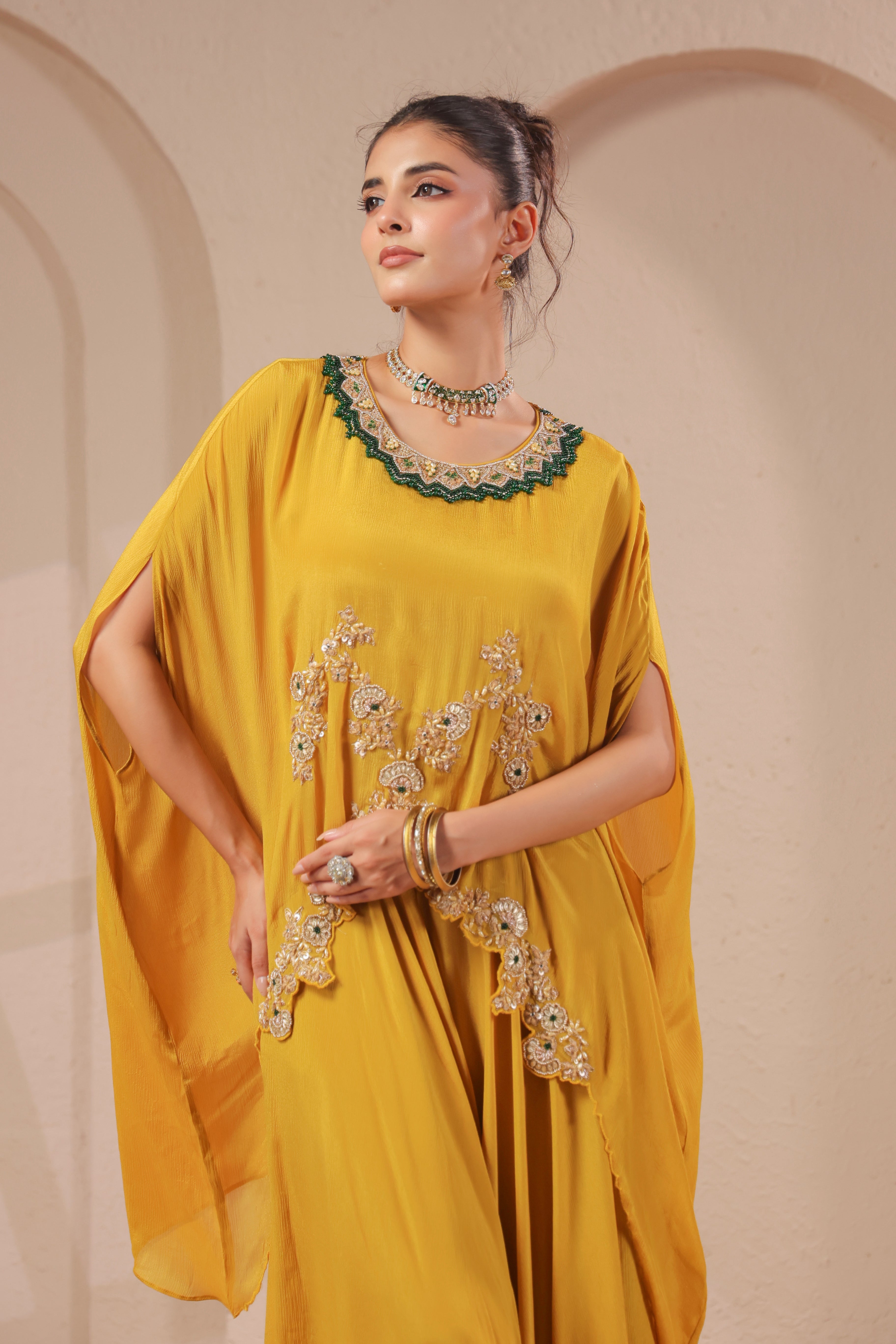 Lime Citrus Embellished Crepe Silk Skirt Set