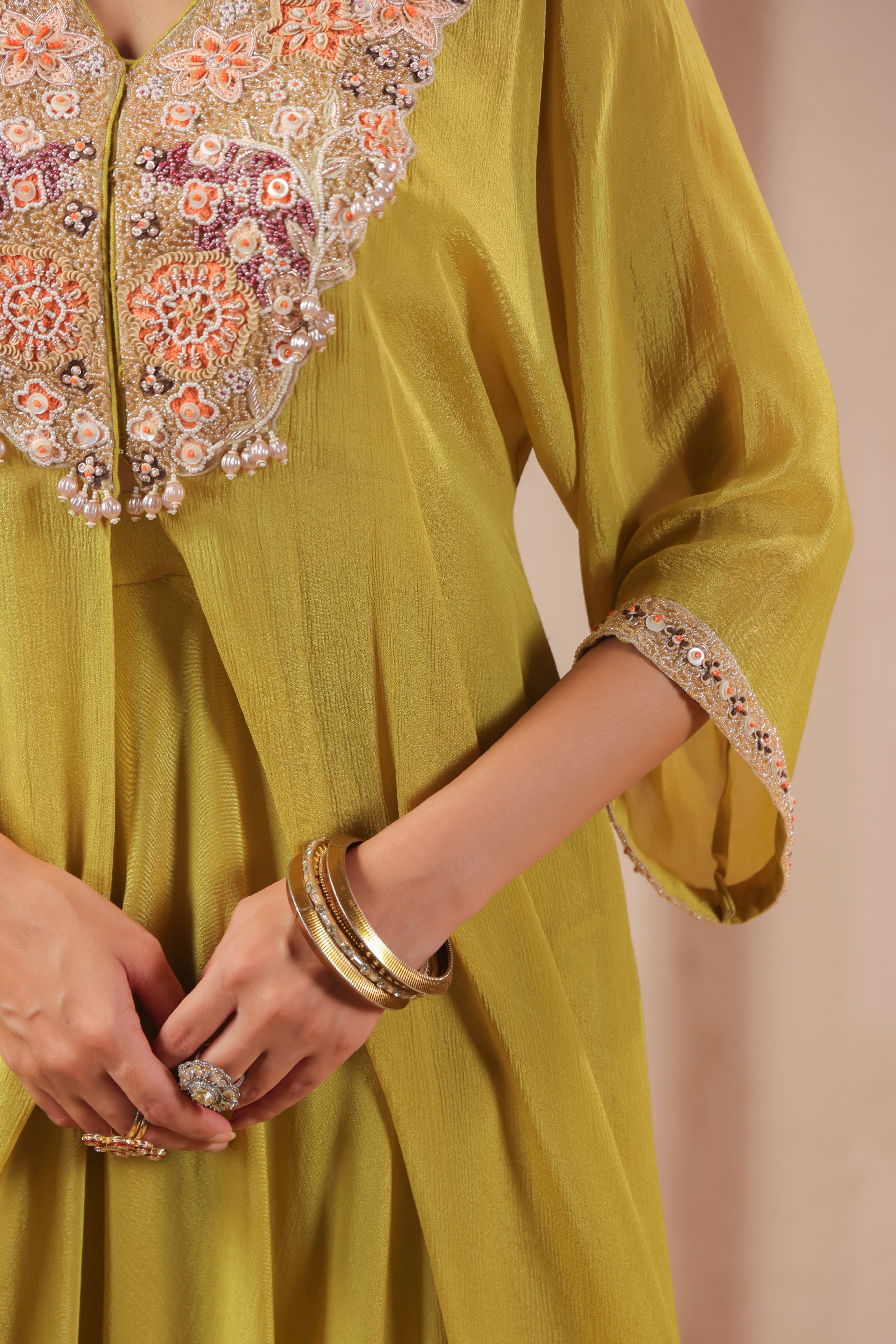 Green Olive Embellished Chinon Silk Palazzo Set