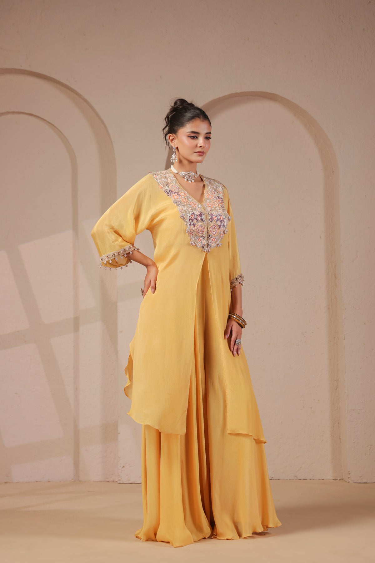 Pastel Yellow Embellished Chinon Silk Palazzo Set
