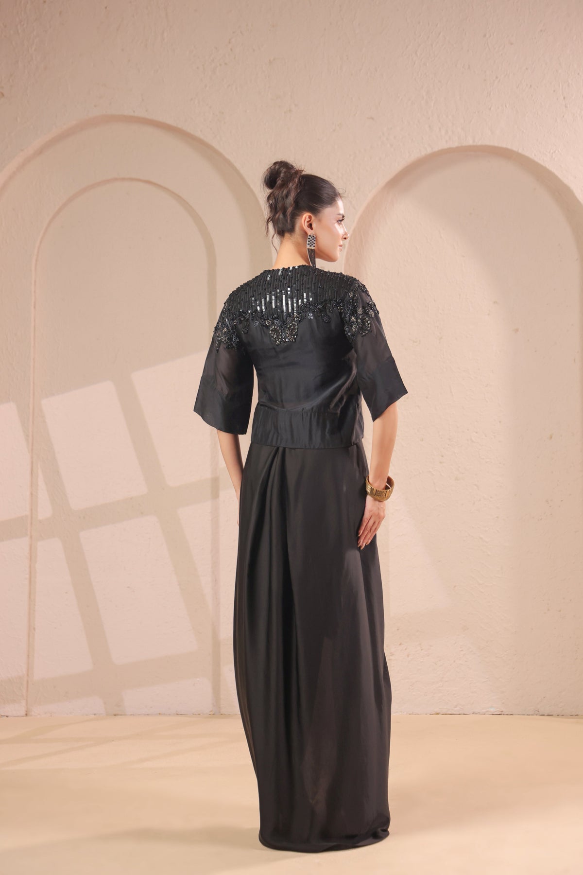 Midnight Black Embellished Modal Silk Skirt Set