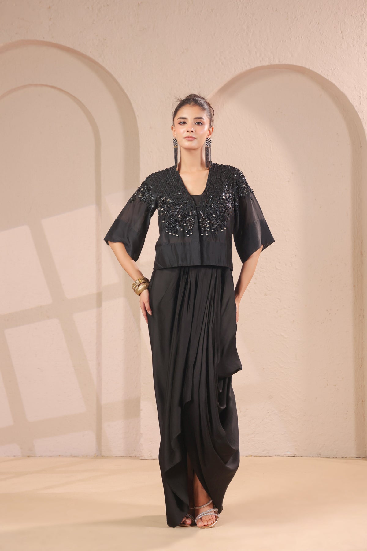 Midnight Black Embellished Modal Silk Skirt Set