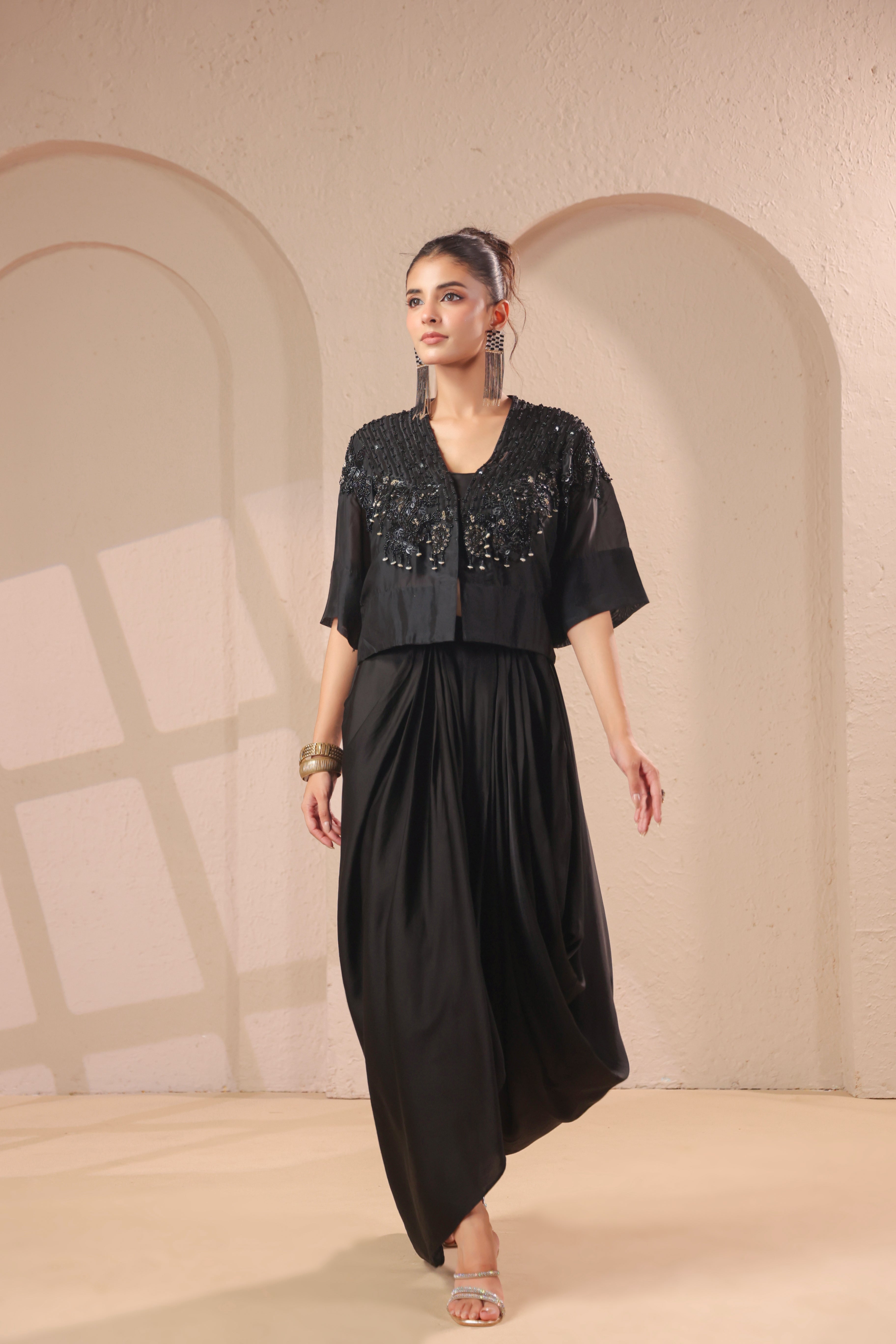 Midnight Black Embellished Modal Silk Skirt Set
