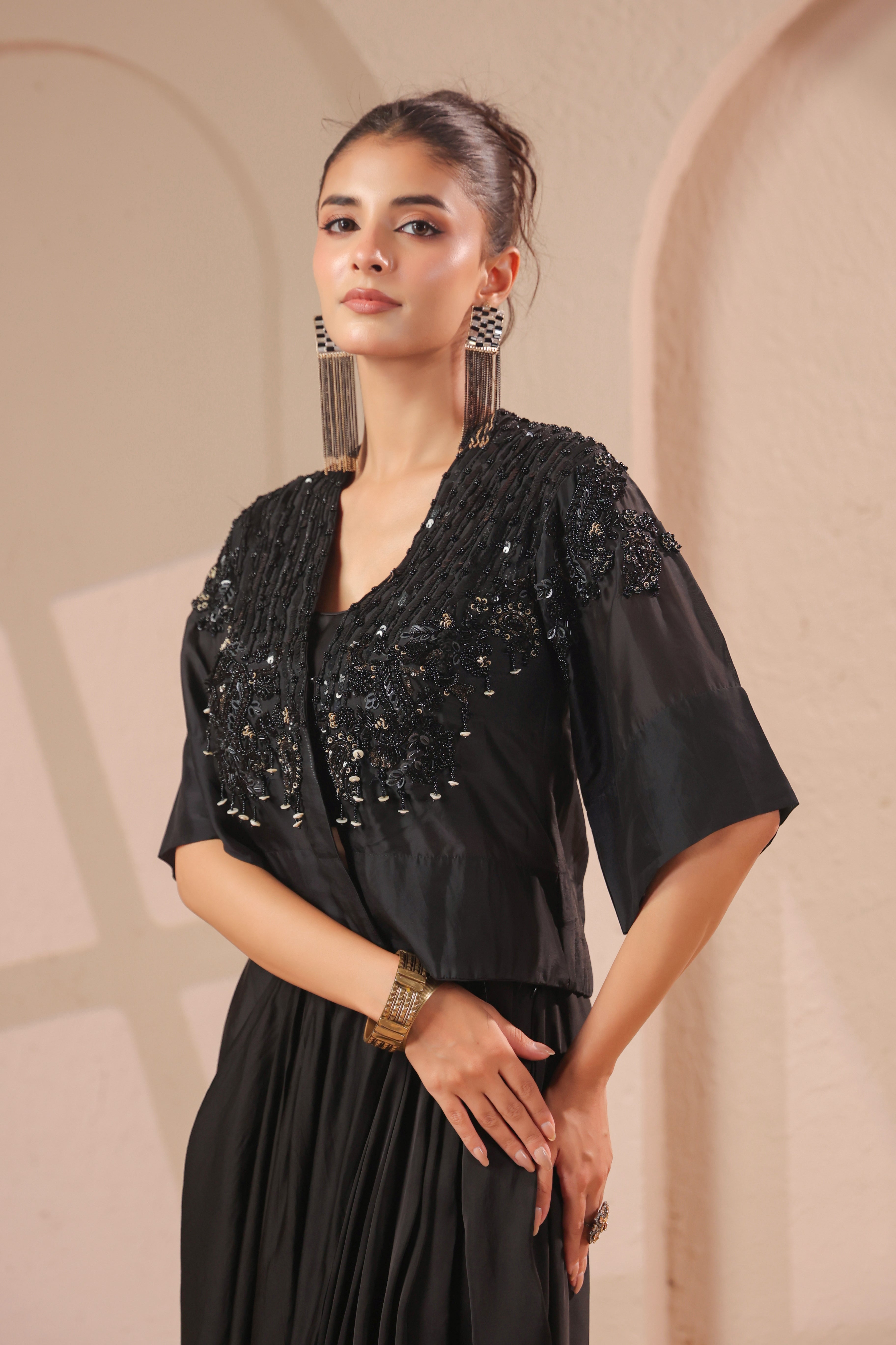 Midnight Black Embellished Modal Silk Skirt Set