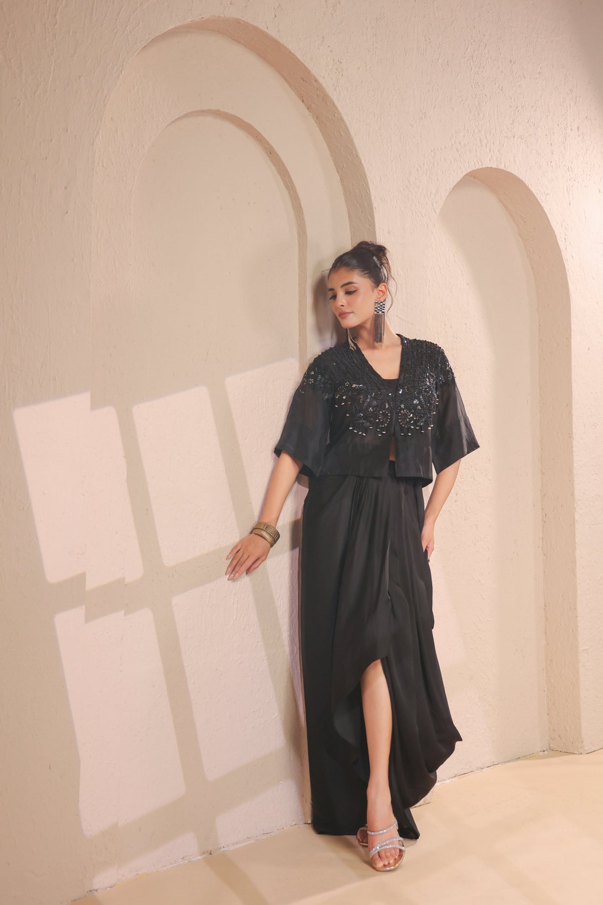 Midnight Black Embellished Modal Silk Skirt Set