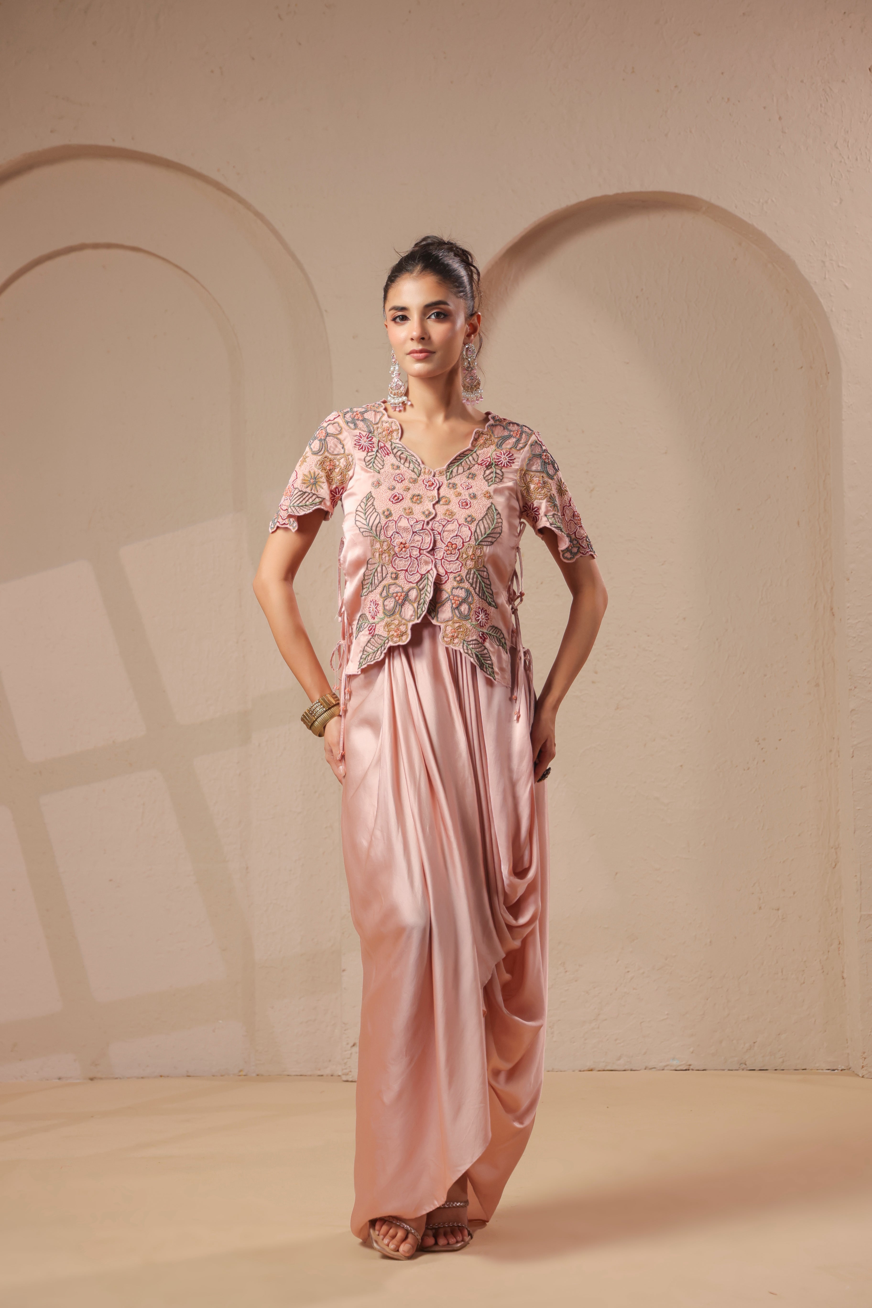 Rose Gold Embellished Modal Satin Silk Skirt Set