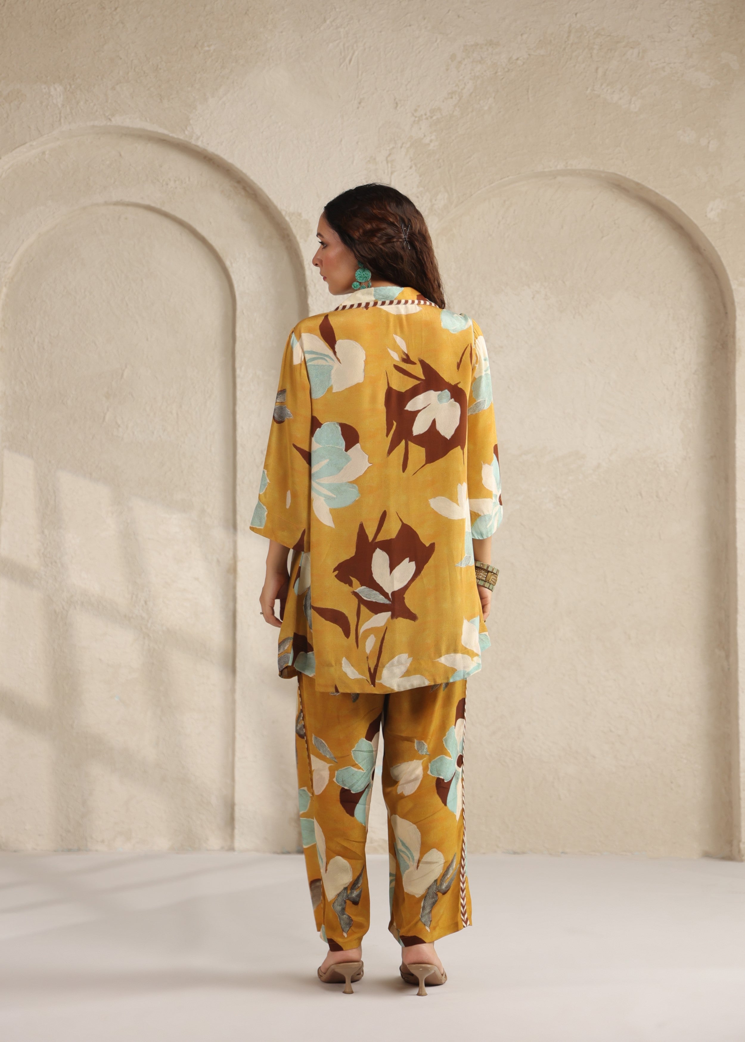 Mustard Yellow Floral Printed Viscose Crepe Co-Ord Set