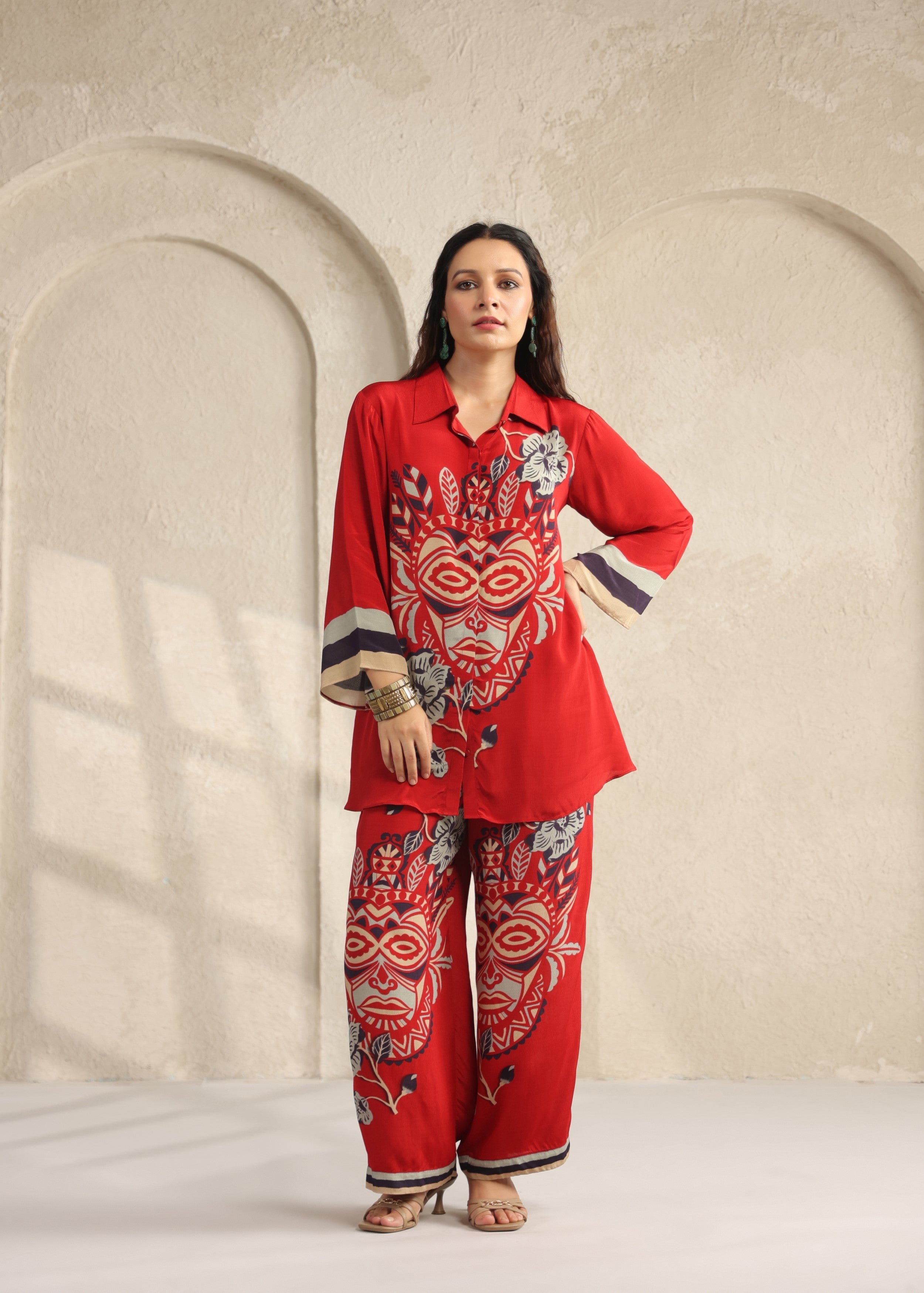 Scarlet Red Tribal Printed Viscose Crepe Co-Ord Set