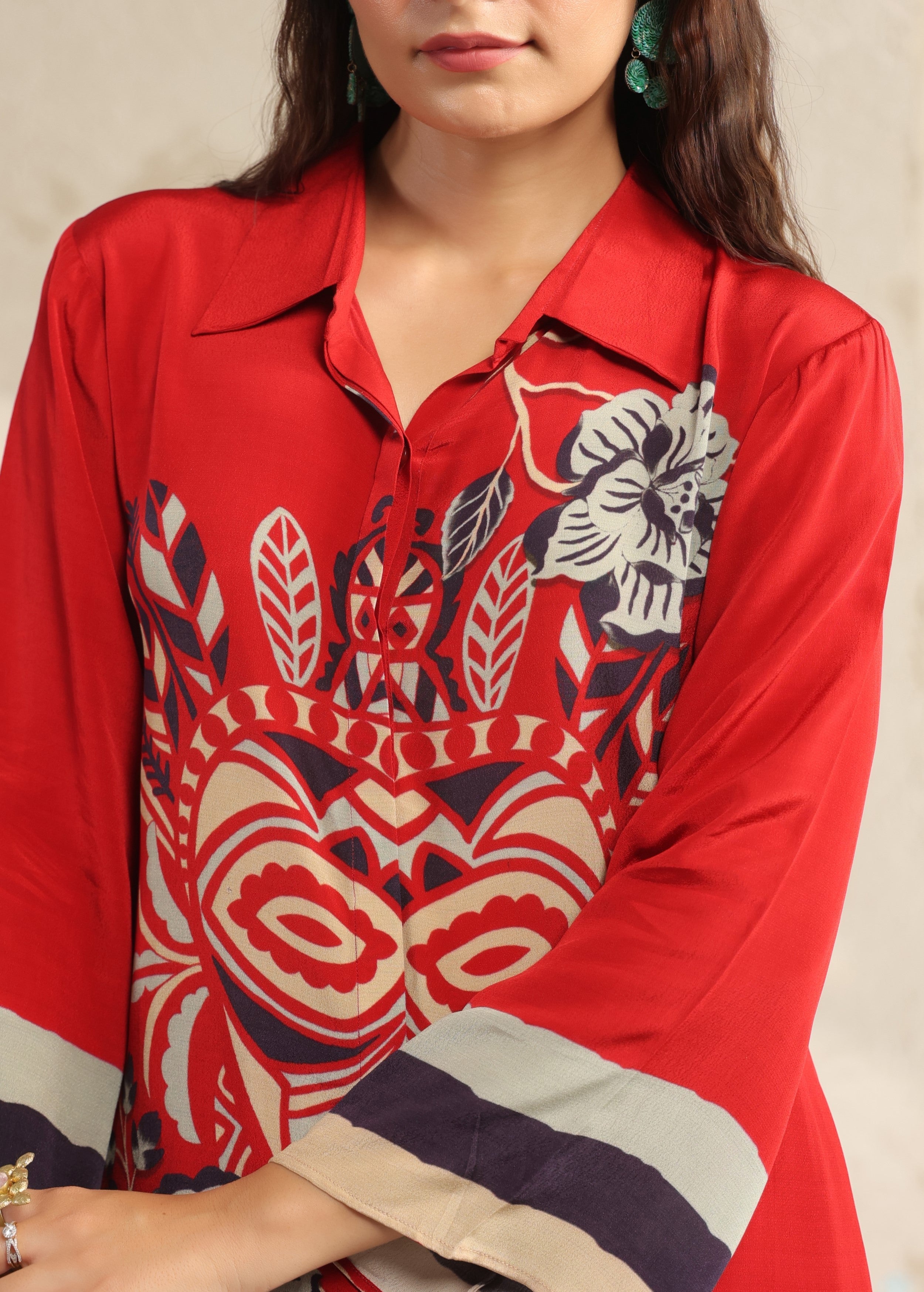 Scarlet Red Tribal Printed Viscose Crepe Co-Ord Set