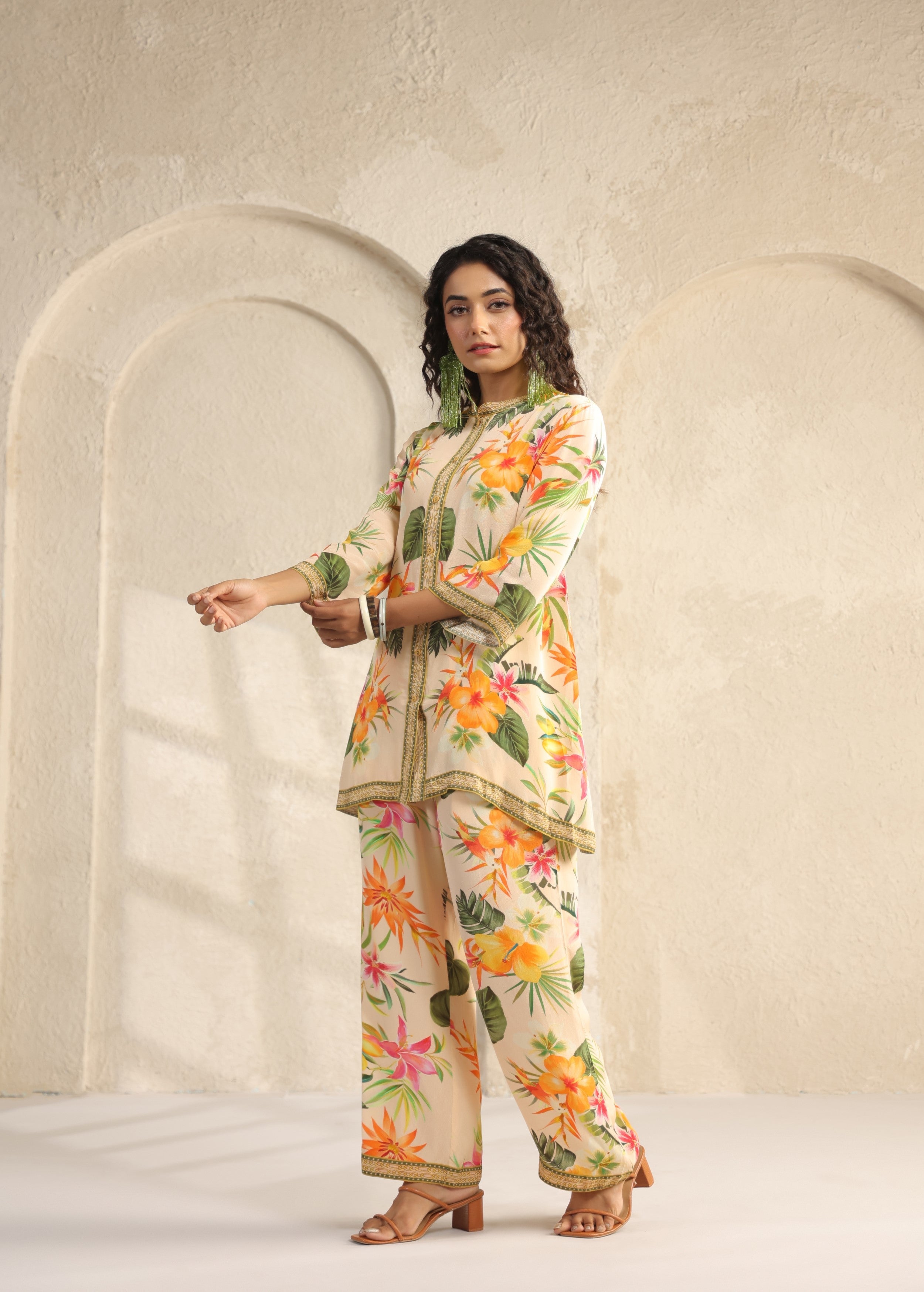Cream Tropical Printed Viscose Crepe Co-Ord Set