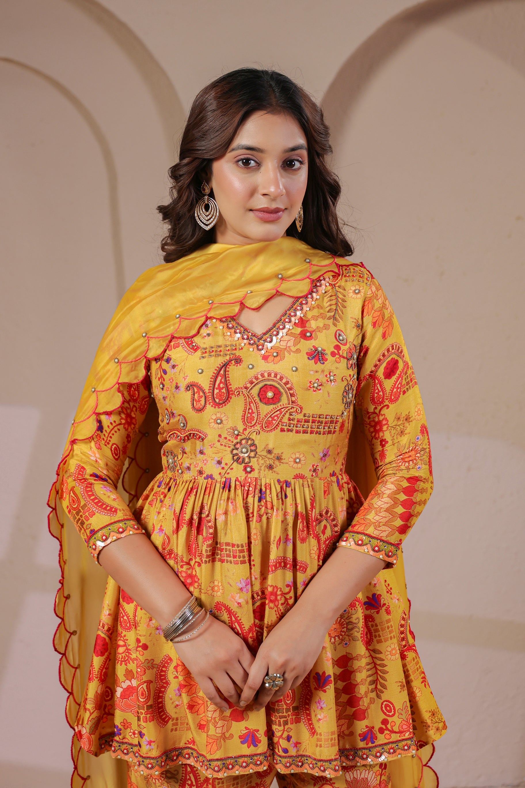 Yellow Paisley Printed Dola Silk Palazzo Set