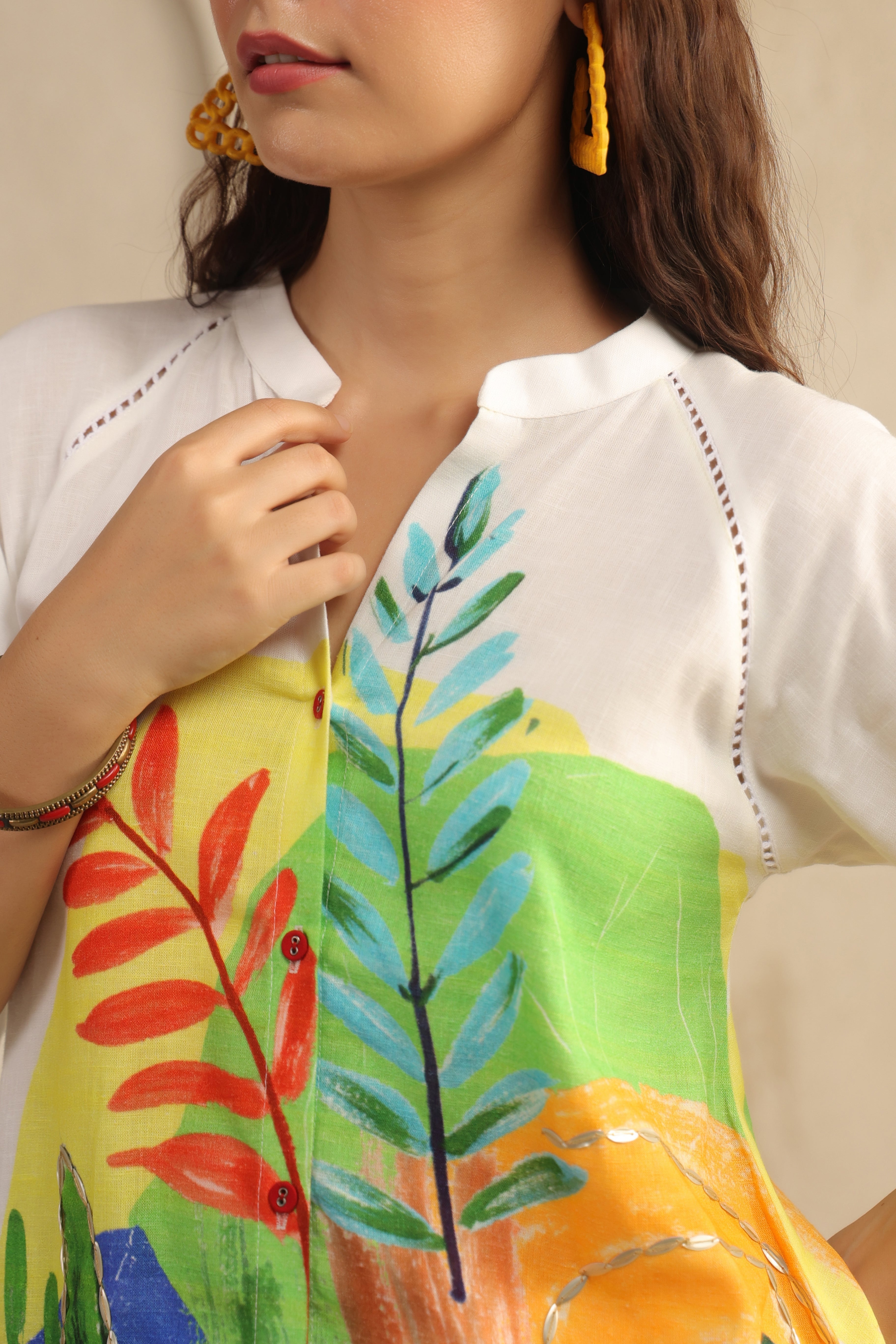 Ivory Abstract Printed Pure Linen Co-Ord Set