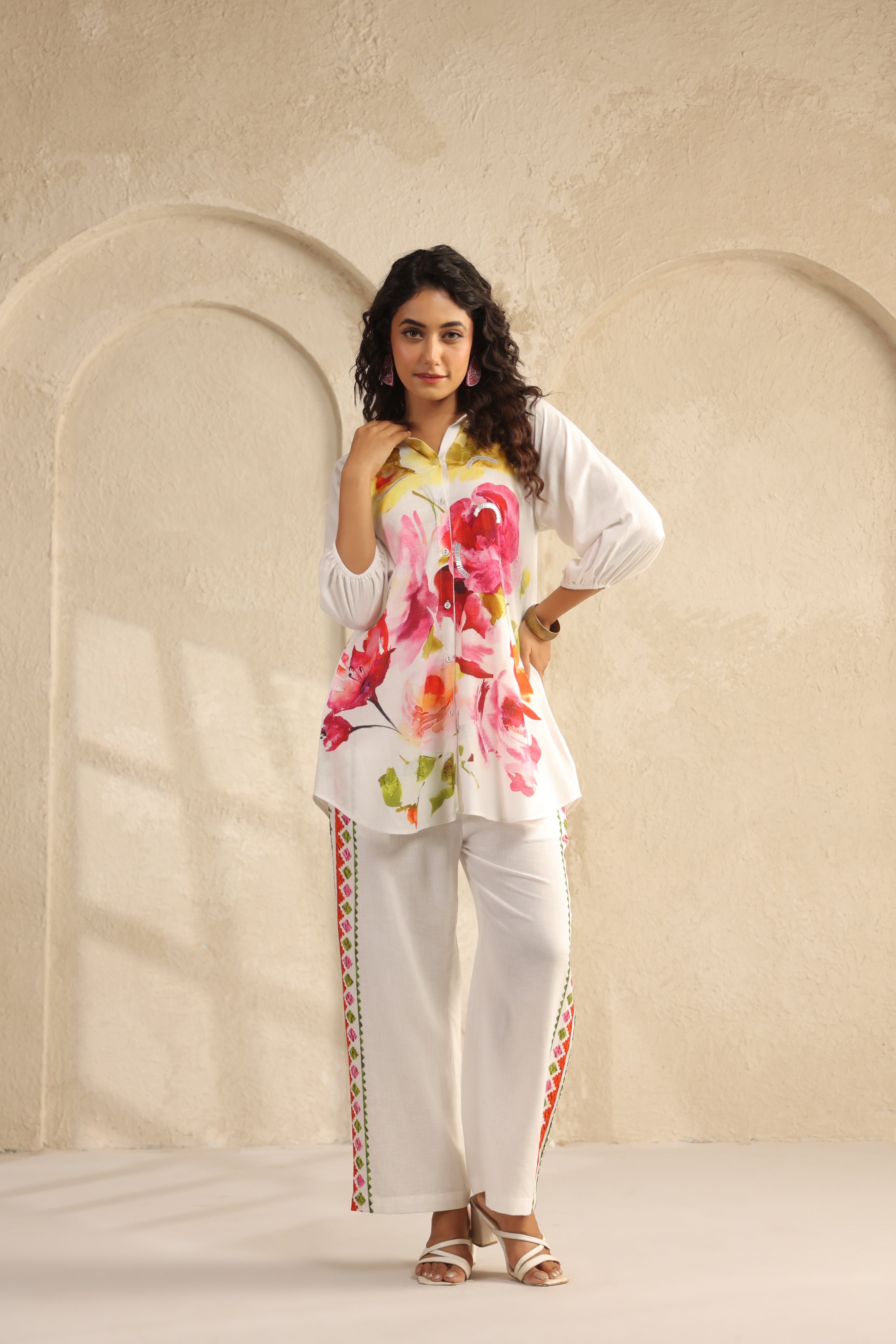 Ivory Floral Printed Pure Linen Co-Ord Set