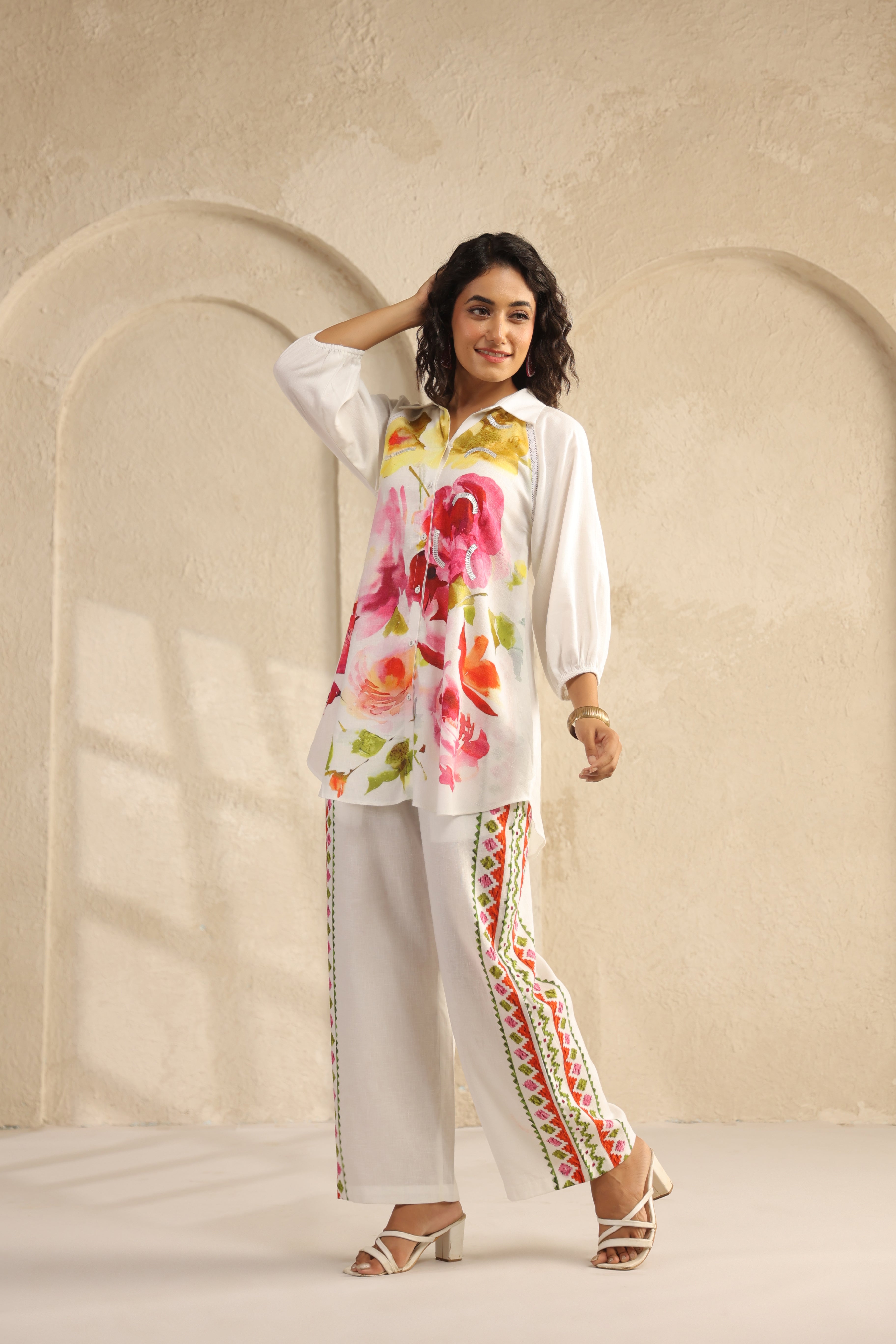 Ivory Floral Printed Pure Linen Co-Ord Set