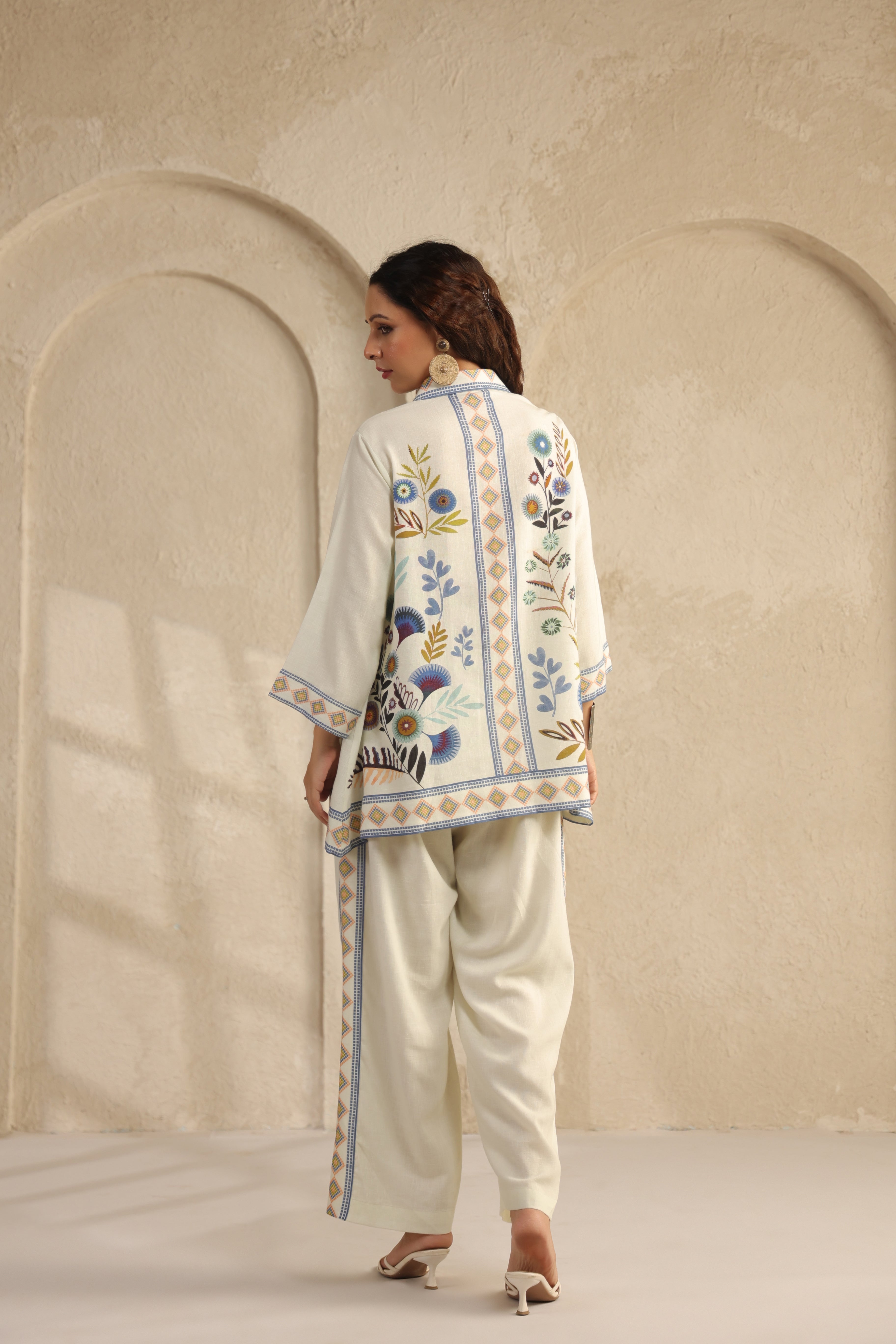 Chalk White Floral Printed Pure Linen Co-Ord Set