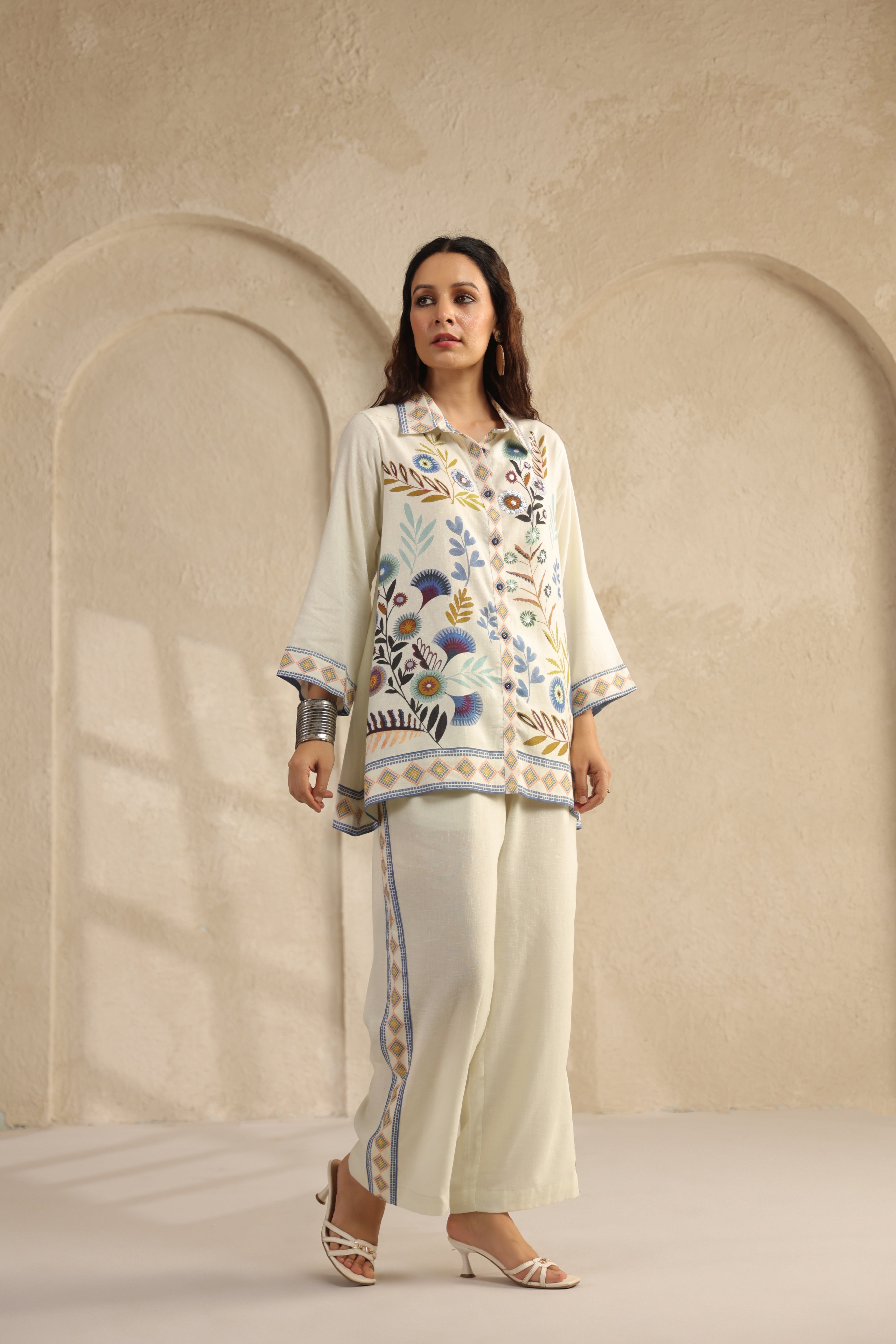 Chalk White Floral Printed Pure Linen Co-Ord Set