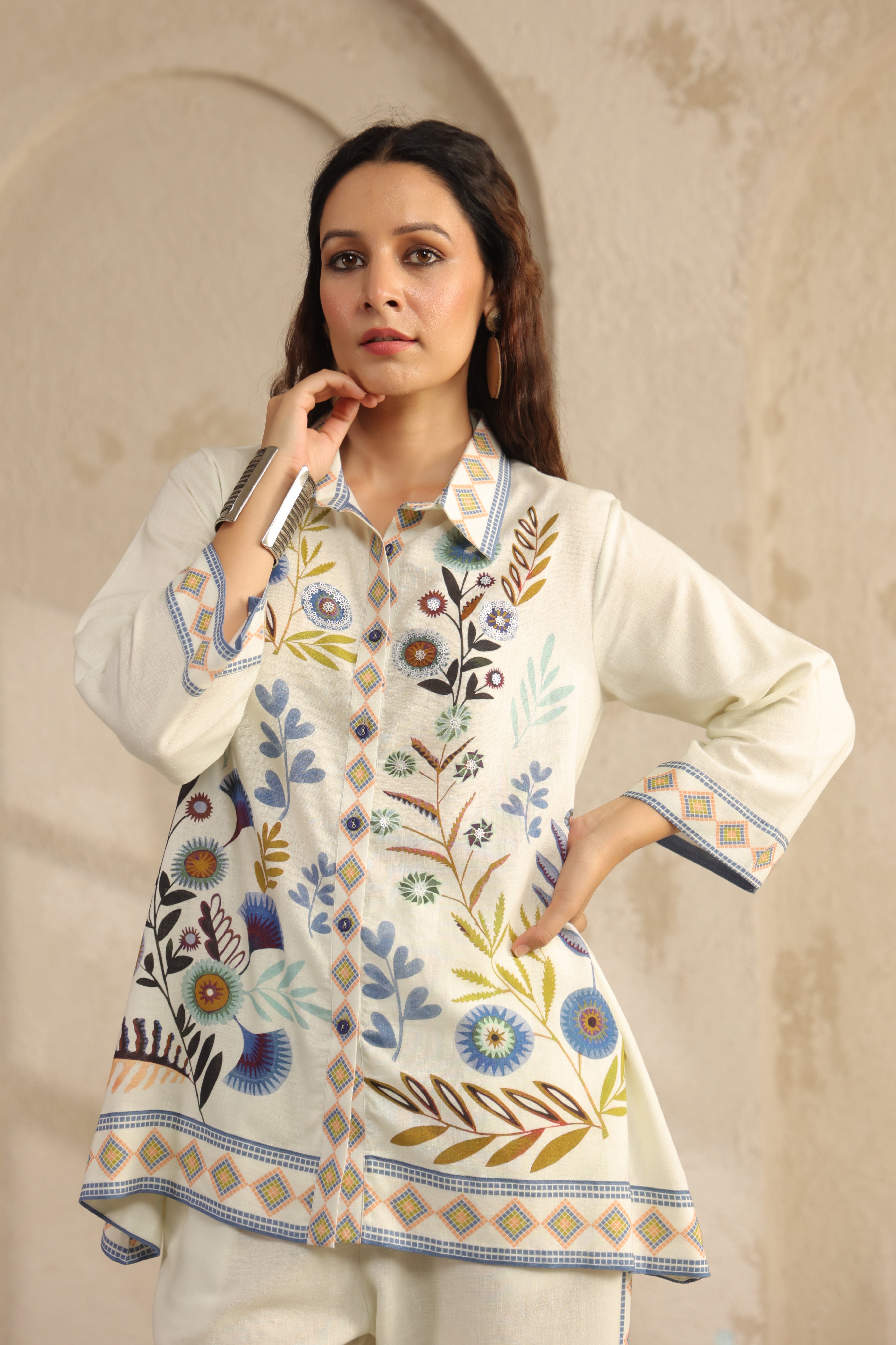 Chalk White Floral Printed Pure Linen Co-Ord Set