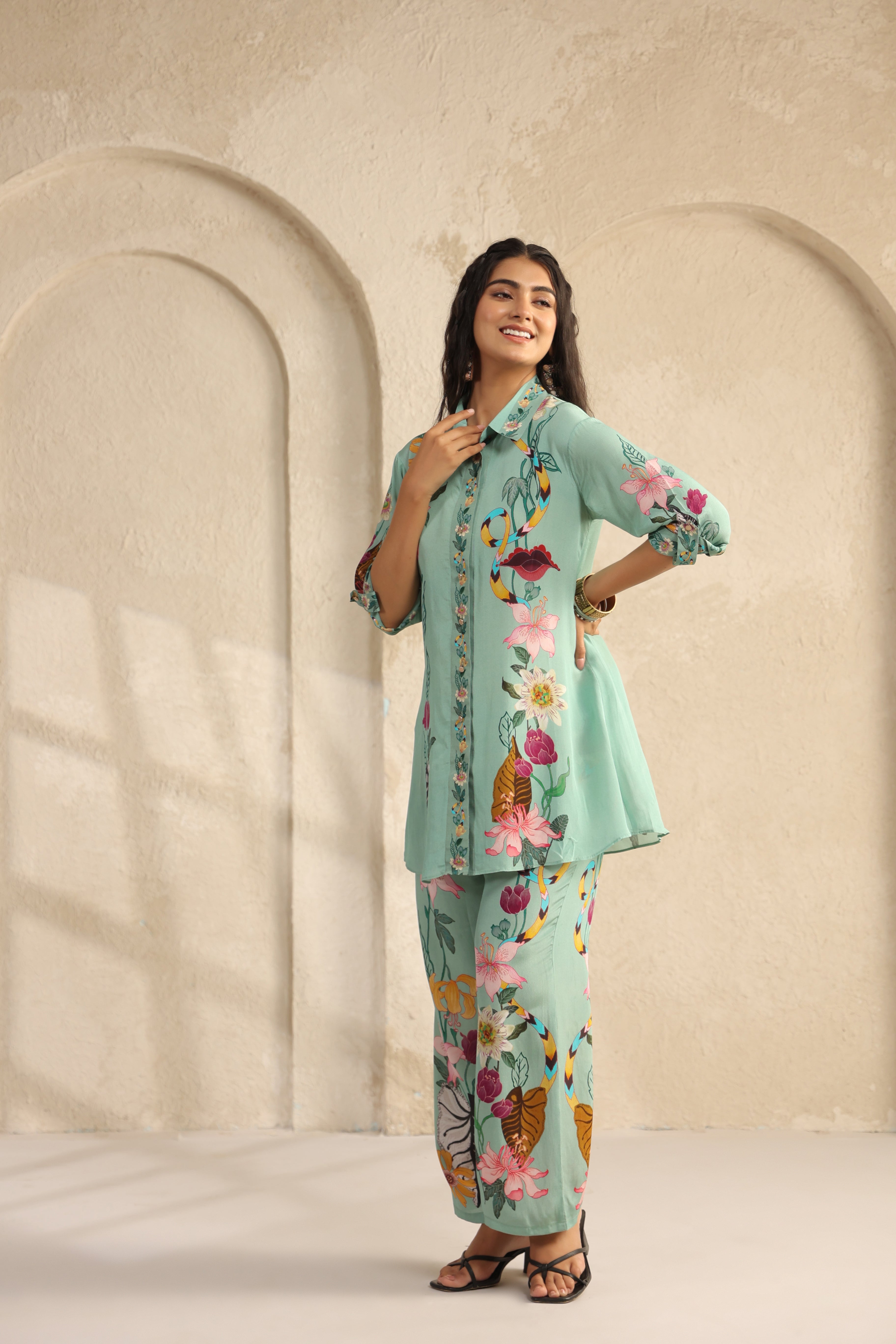 Seafoam Green Printed Viscose Crepe Co-Ord Set