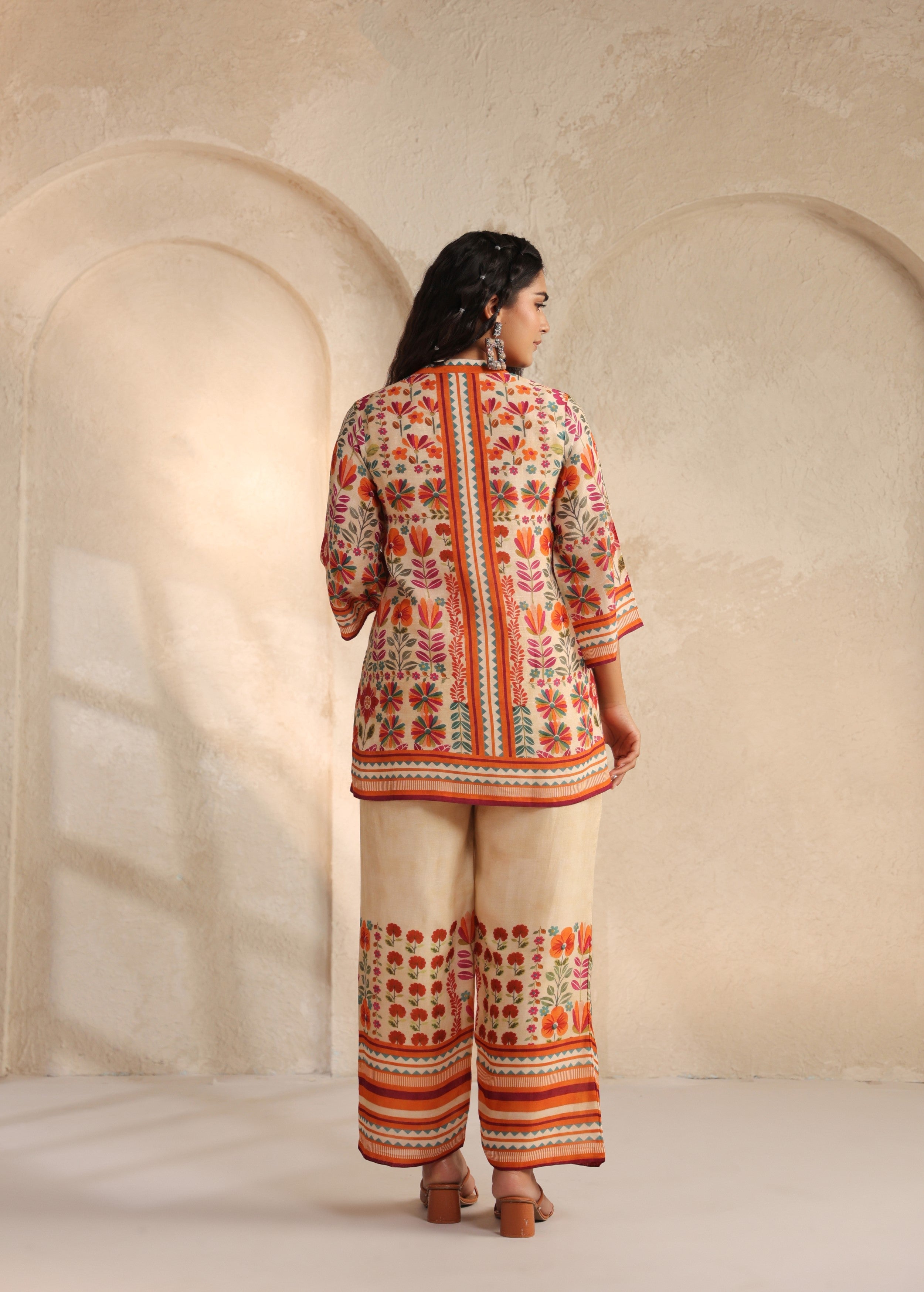 Beige Floral Printed Pure Linen Co-Ord Set