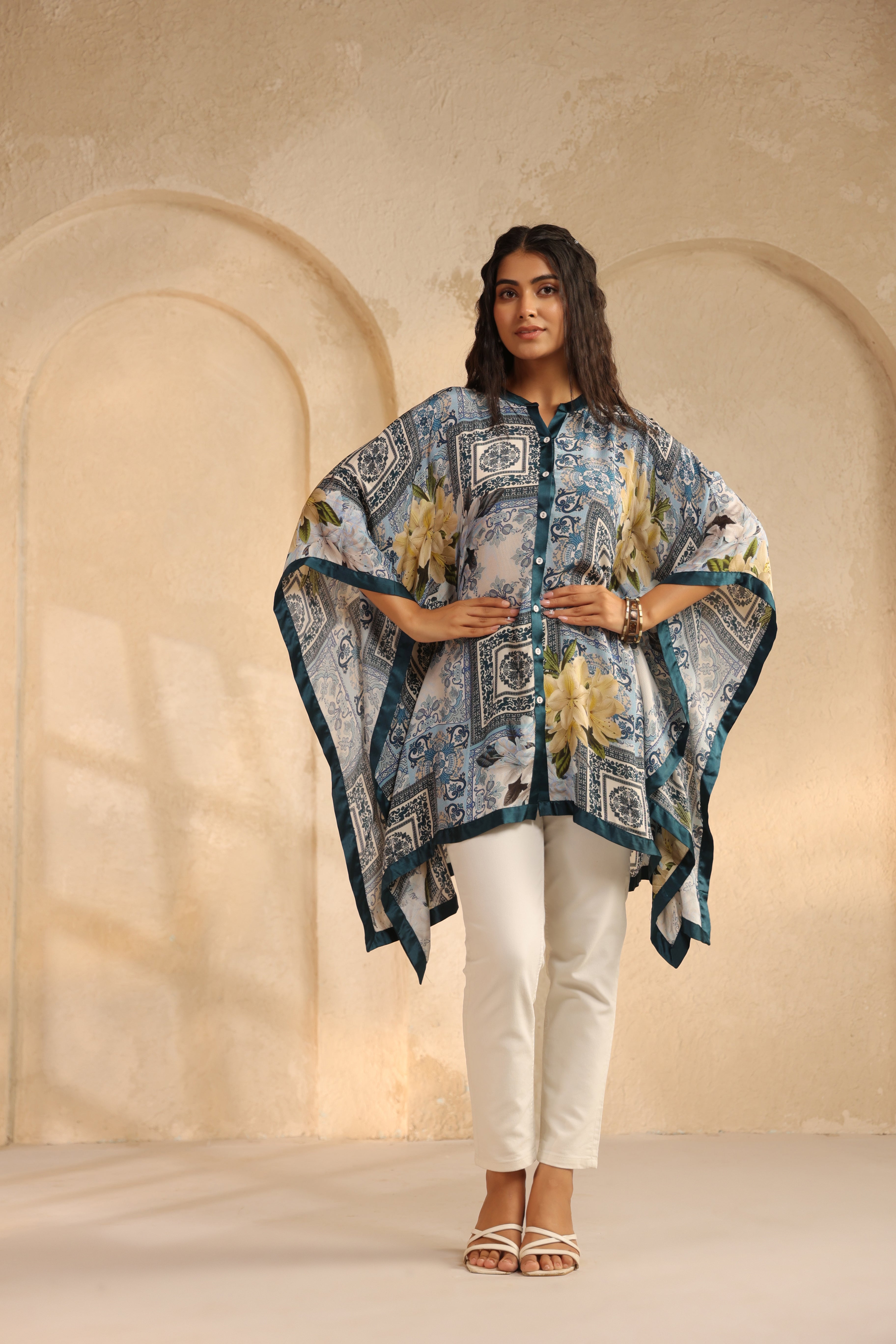 Deep Teal Printed Viscose Crepe Kaftan Top