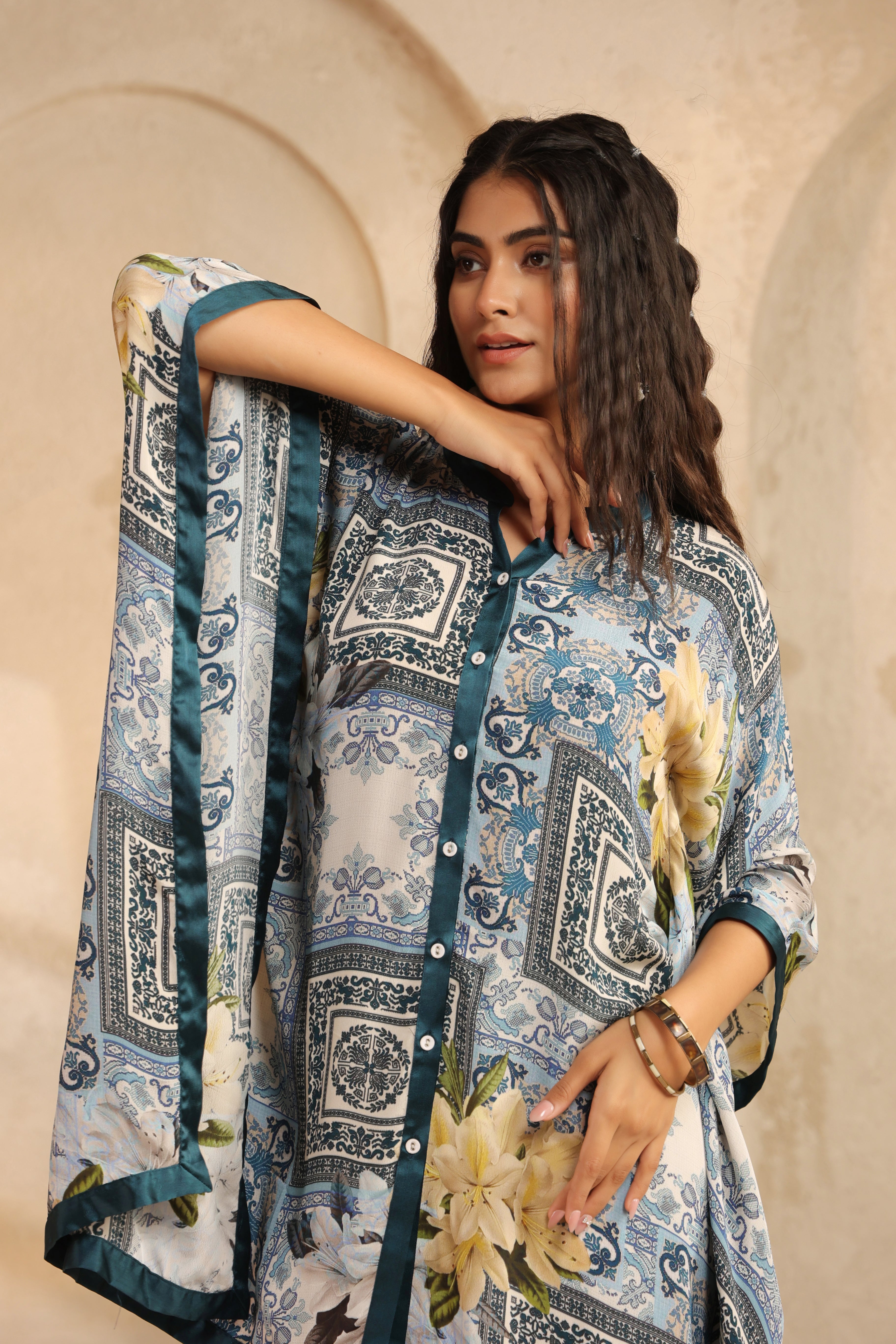 Deep Teal Printed Viscose Crepe Kaftan Top