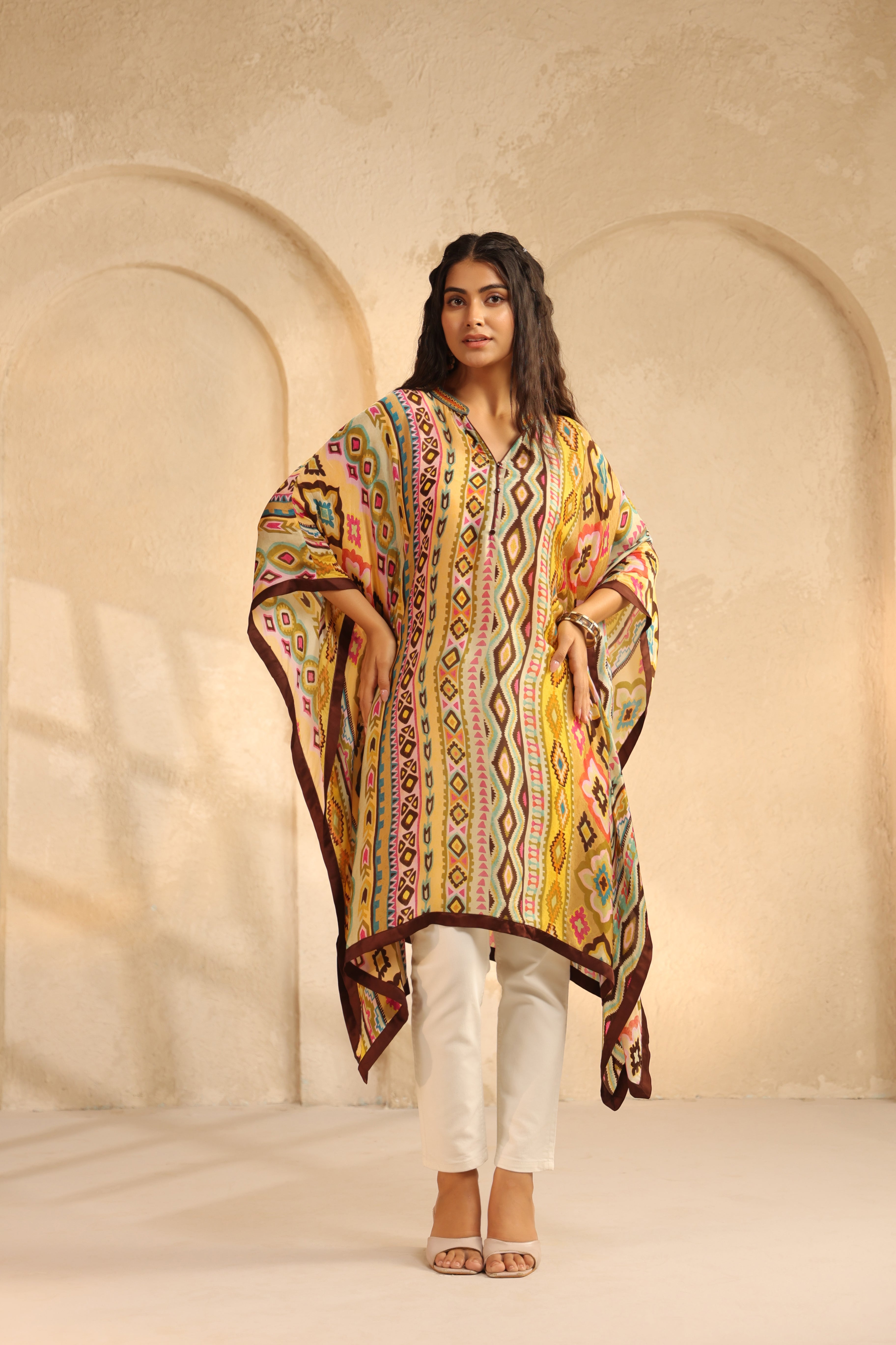 Ochre Yellow Printed Satin Silk Kaftan Top