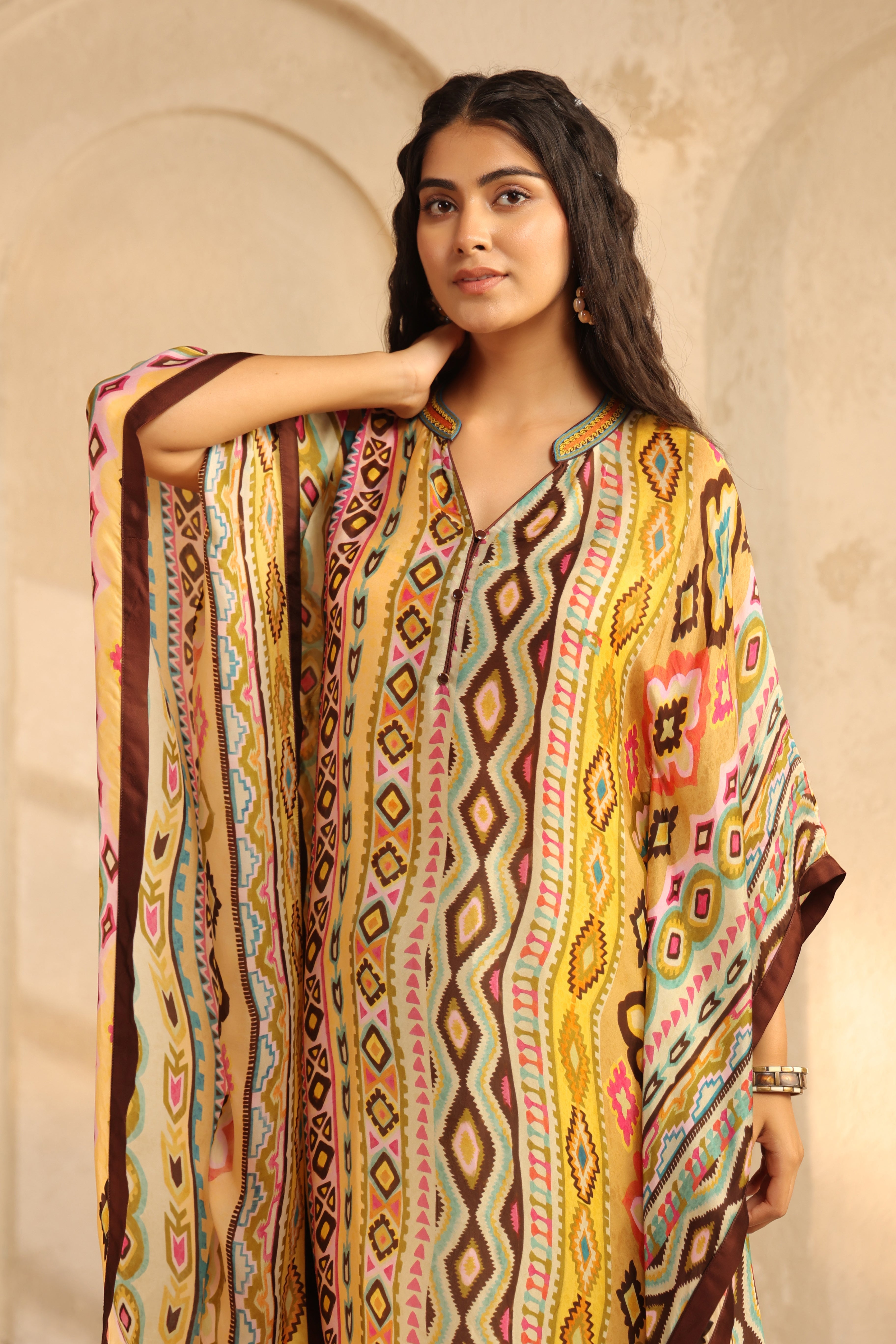 Ochre Yellow Printed Satin Silk Kaftan Top