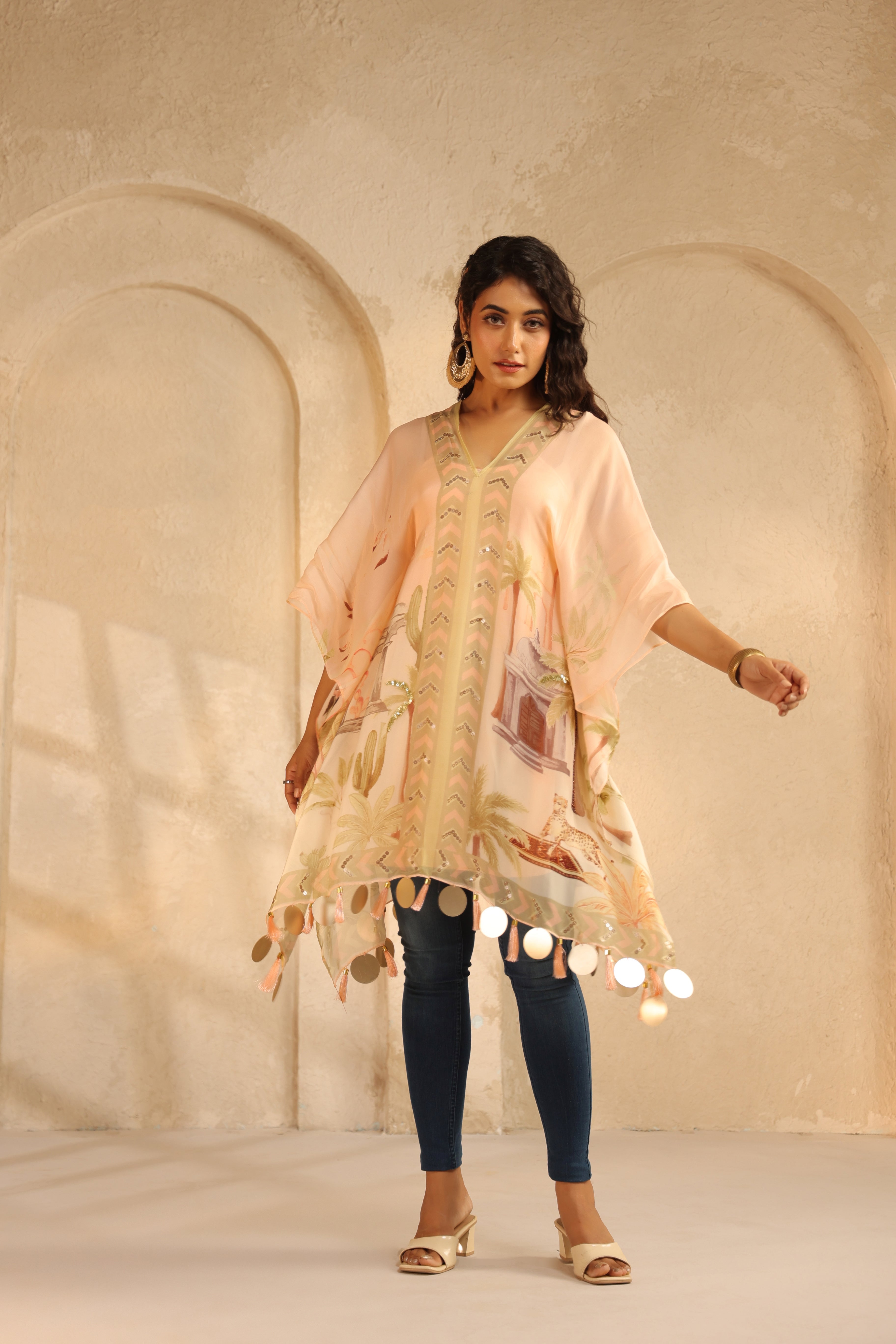 Pastel Peach Printed Viscose Organza Poncho Top