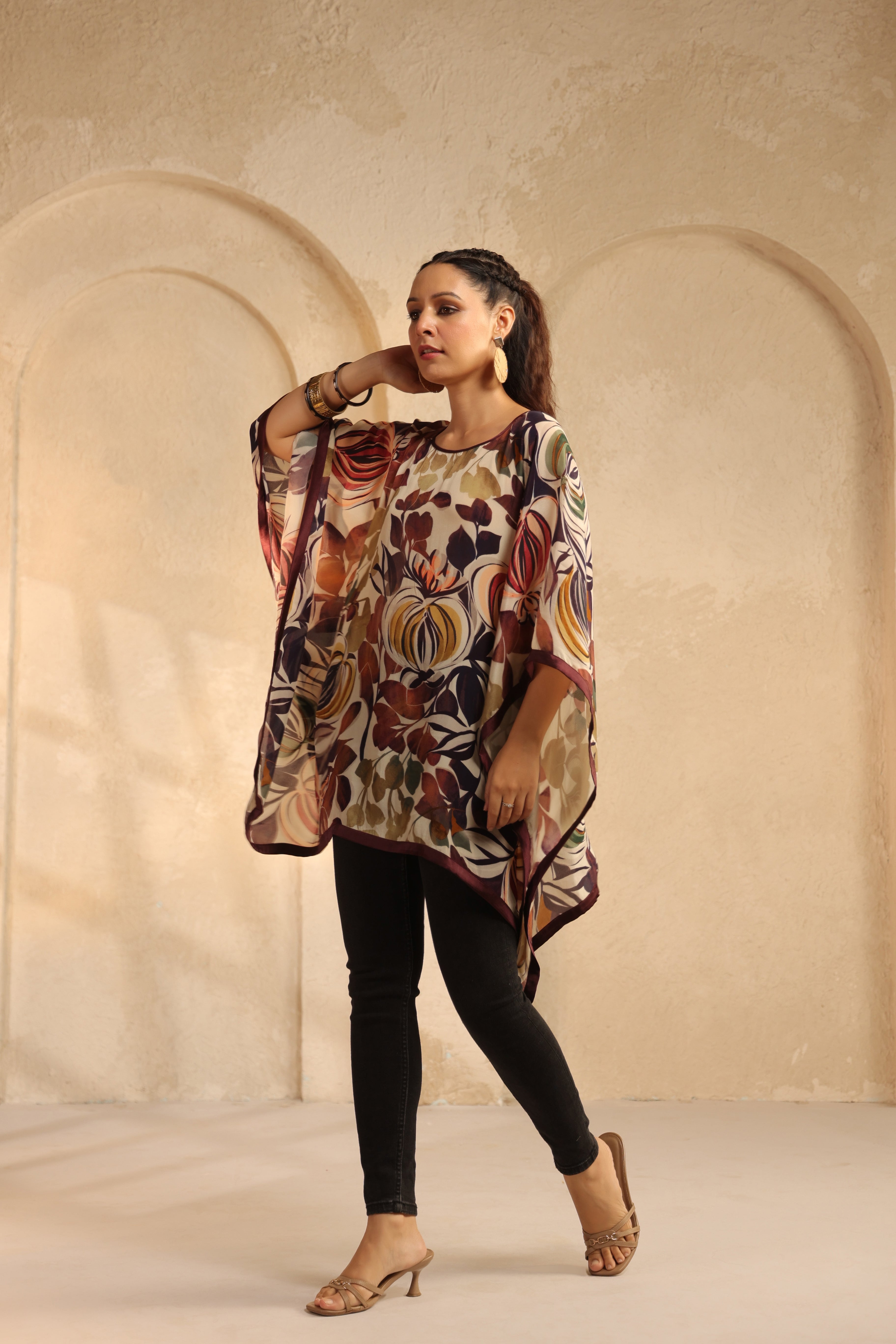 Light Beige Printed Viscose Crepe Kaftan Top