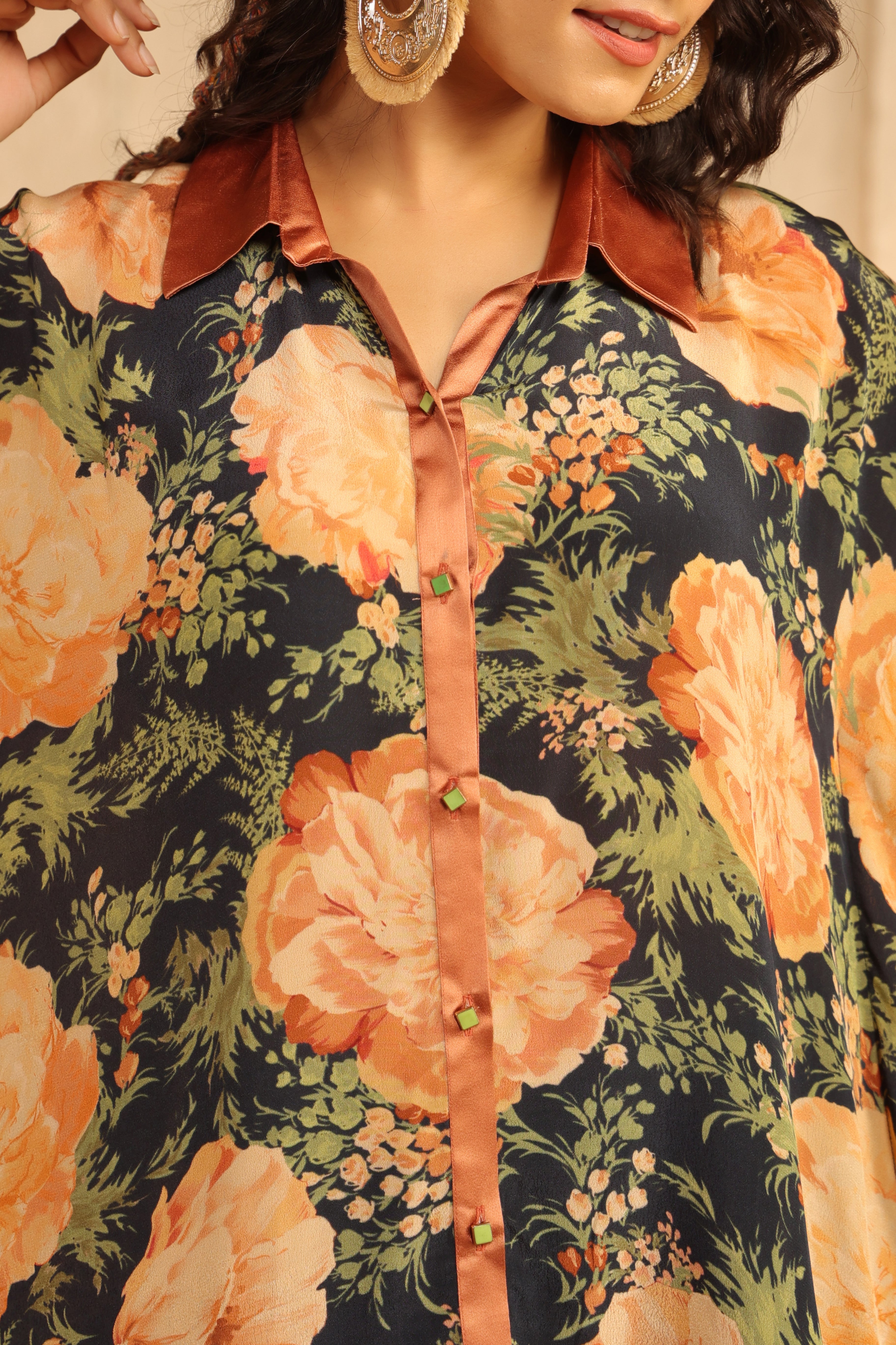 Charcoal Black Printed Viscose Crepe Kaftan Top