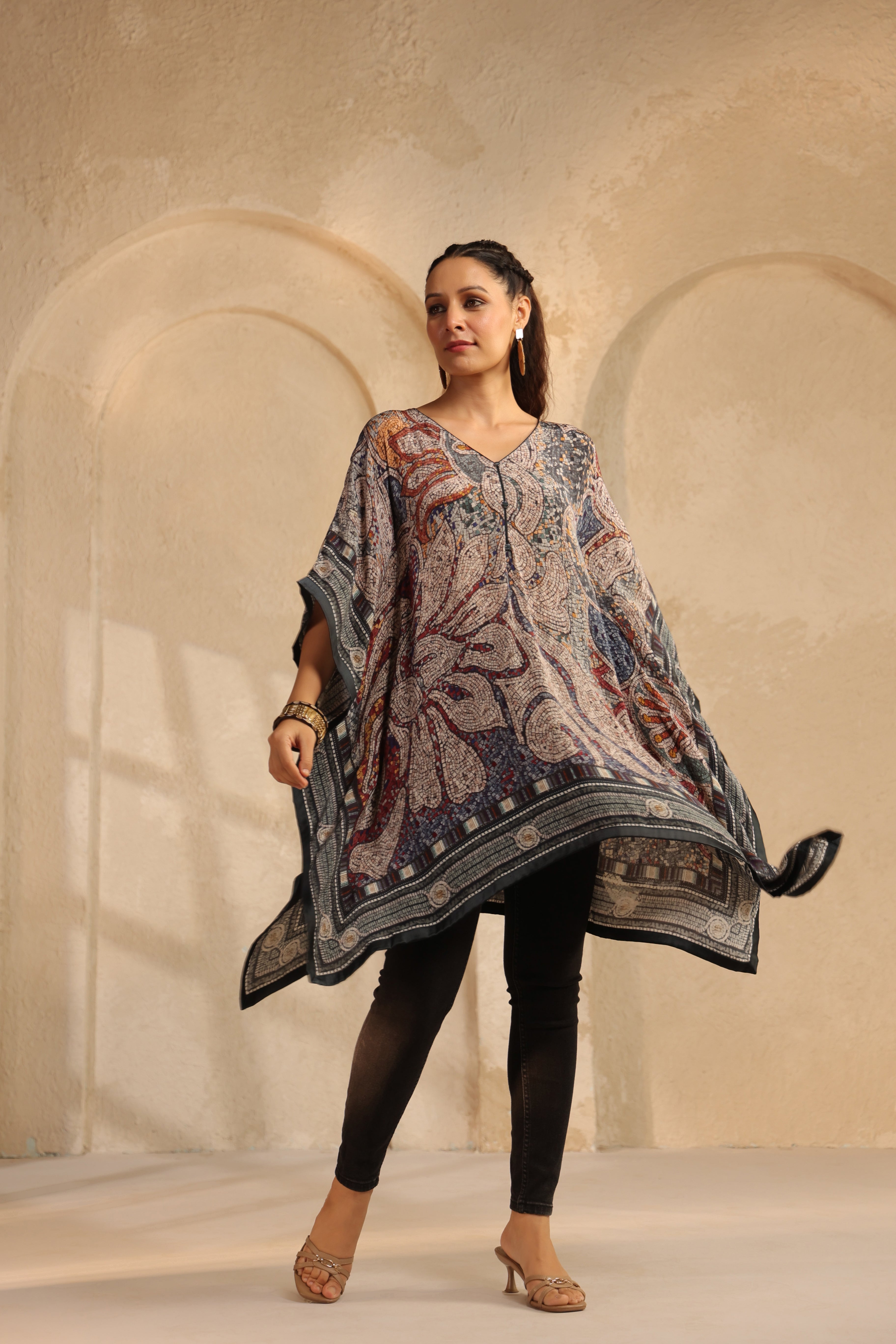 Multi-Color Printed Viscose Crepe Kaftan Top