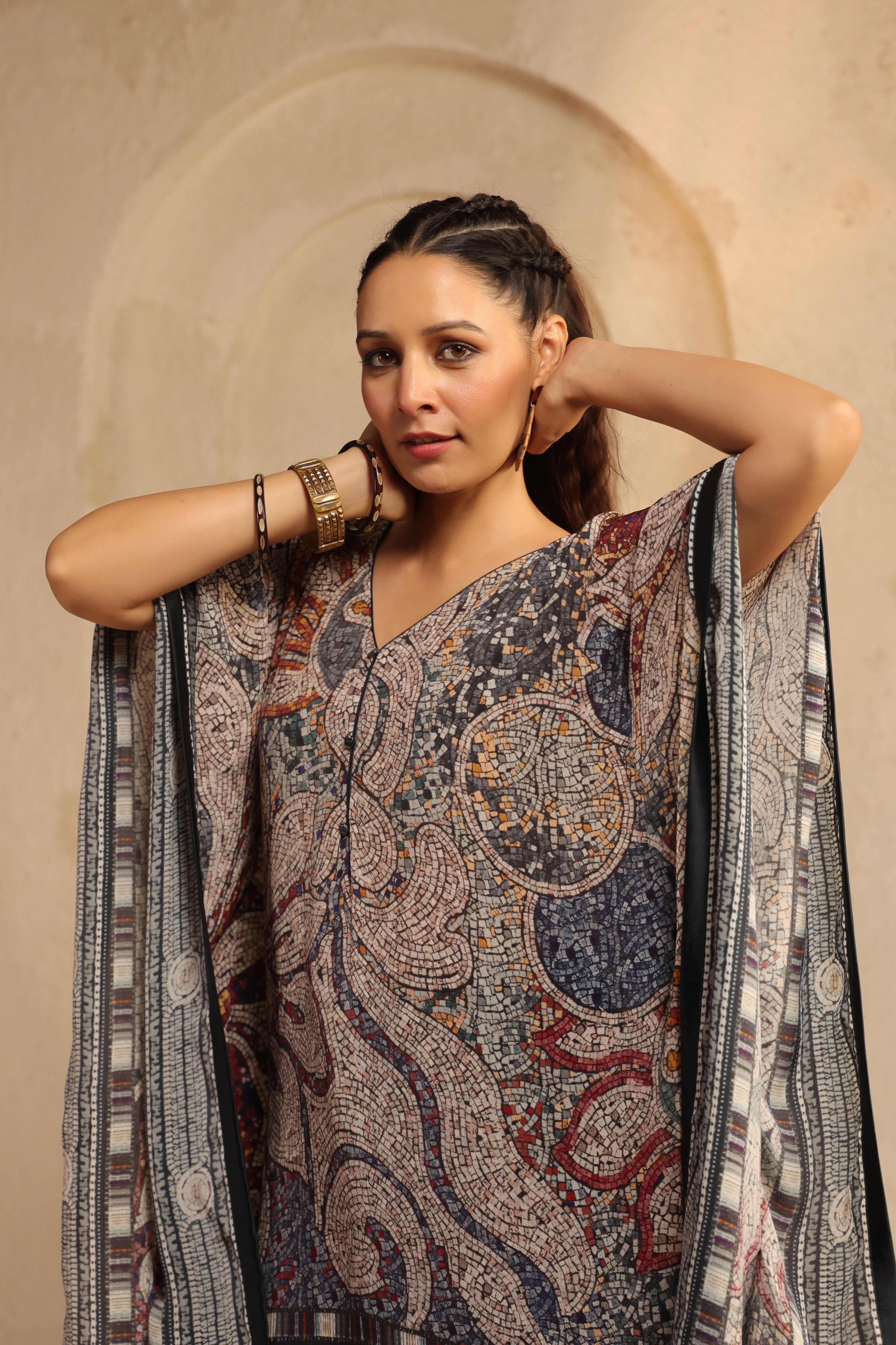 Multi-Color Printed Viscose Crepe Kaftan Top