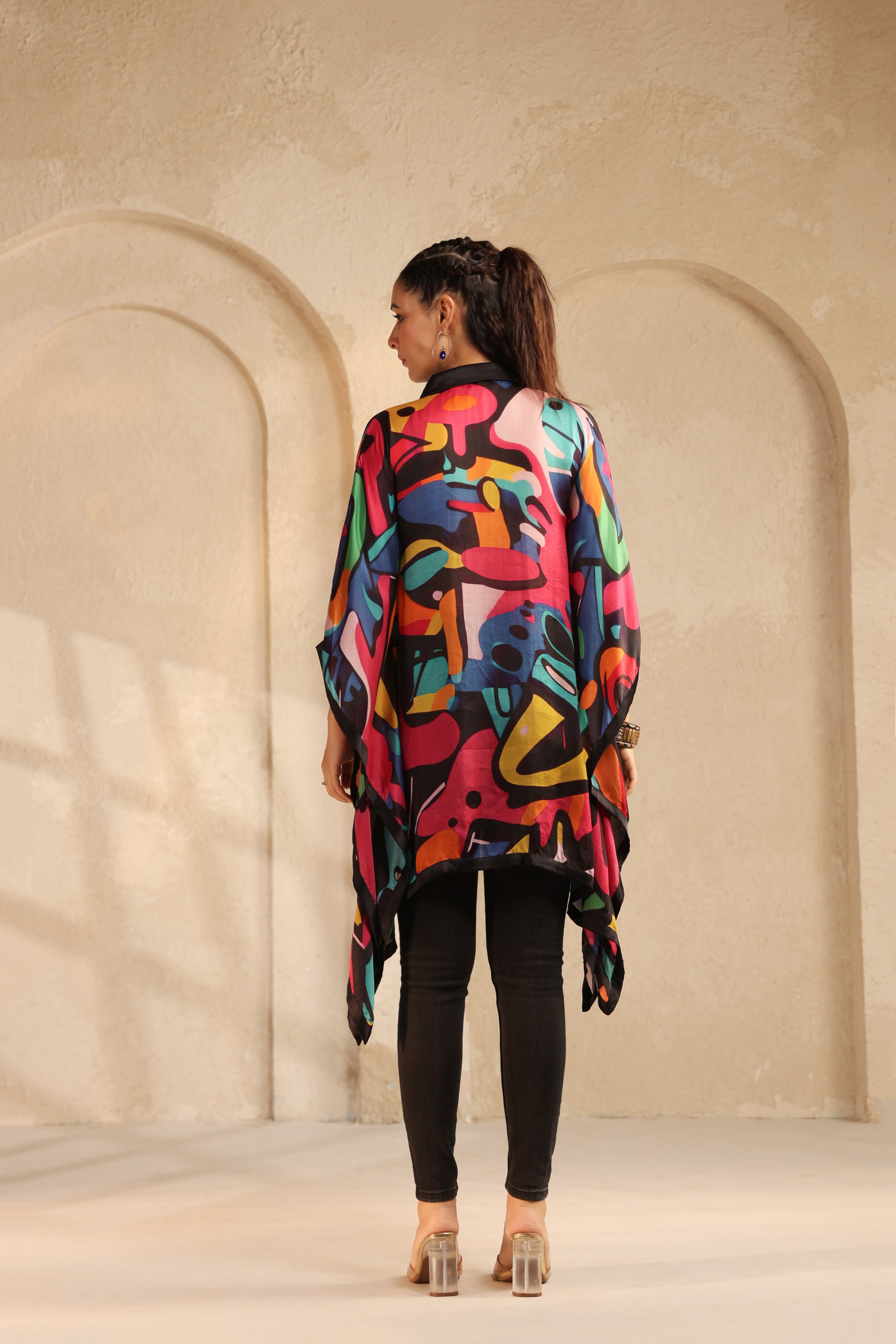 Black Abstract Printed Satin Silk Kaftan Top