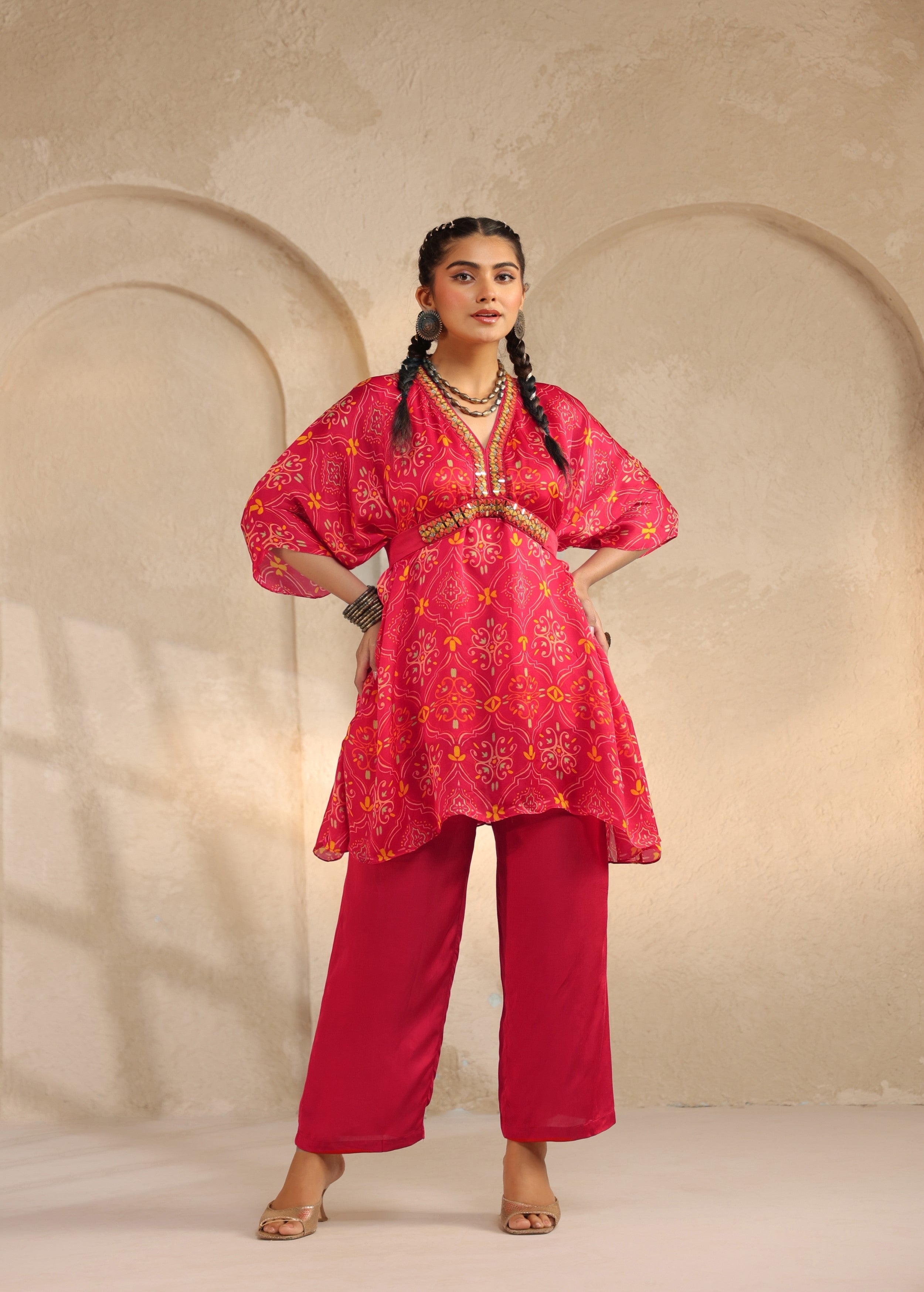 Crimson Red Printed Viscose Georgette Co-Ord Set