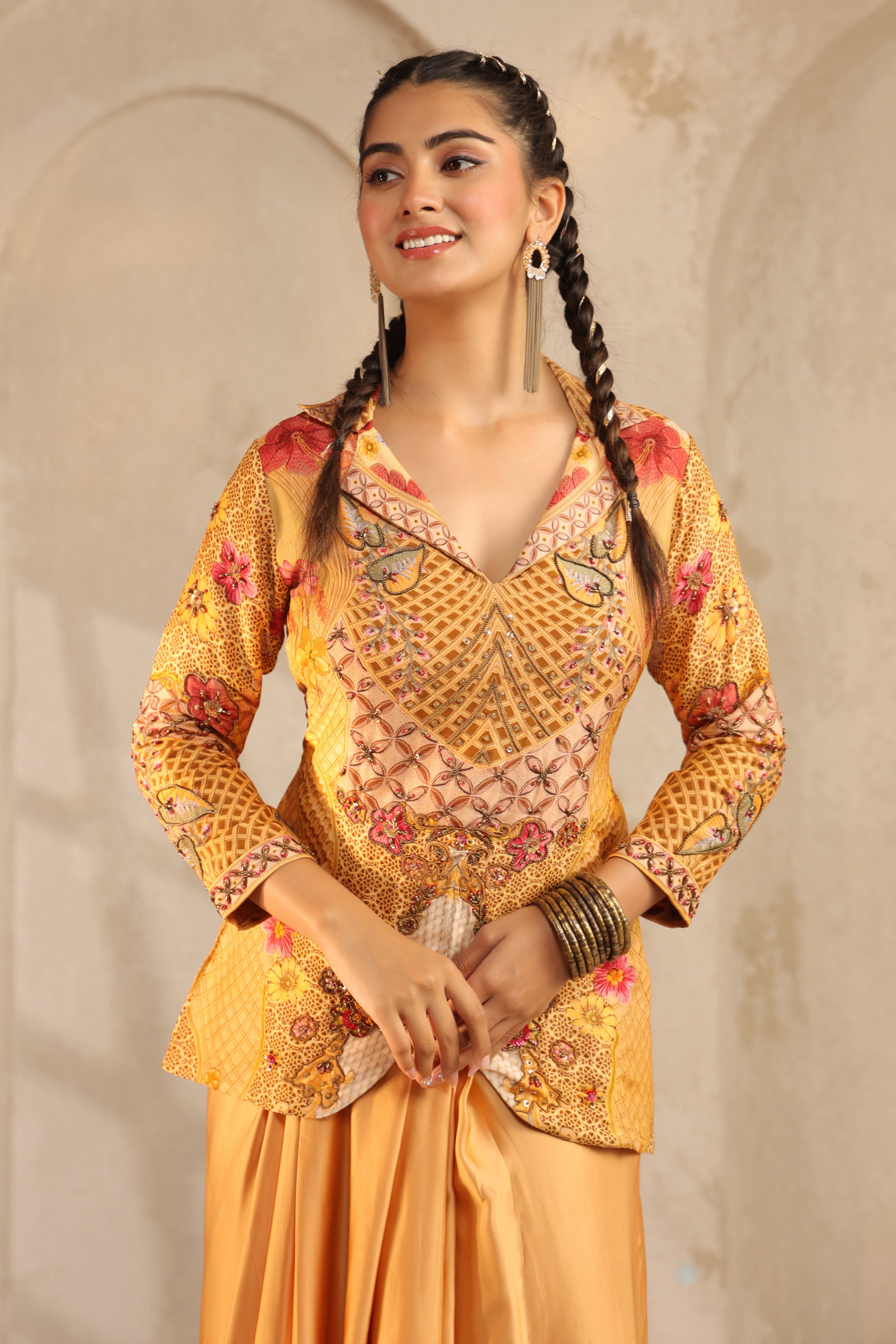 Saffron Yellow Printed Dola Silk Drape Skirt Set
