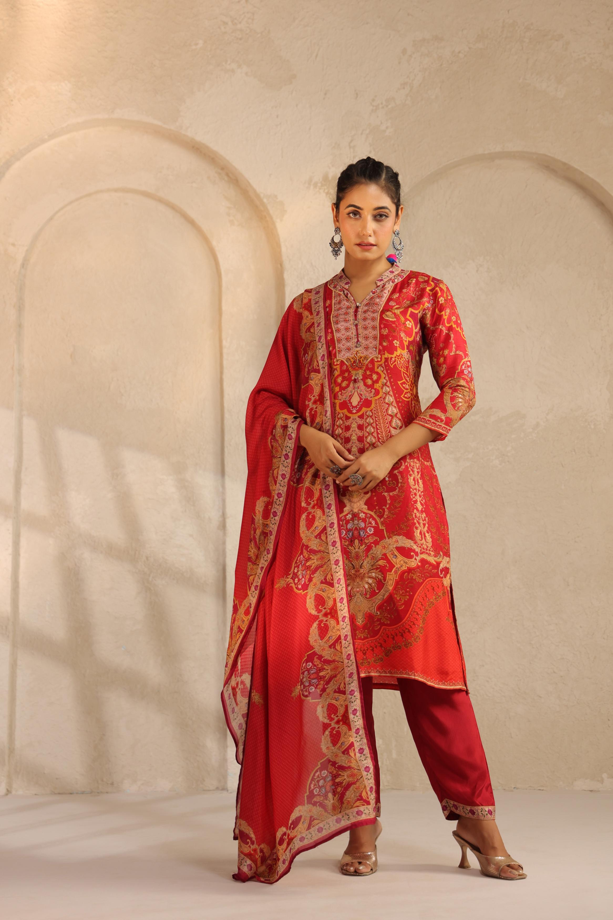 Crimson Red Printed Dola Silk Pant Set